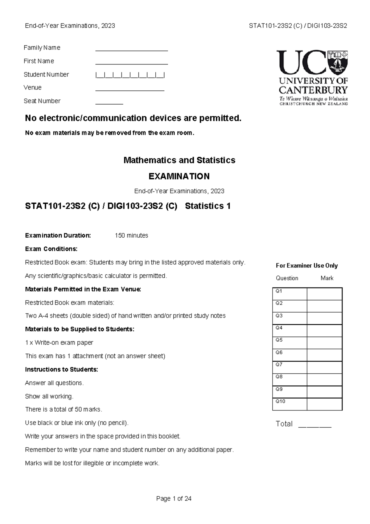 STAT101 23S2 Final Exam: Mathematics and Statistics Examination Guide ...