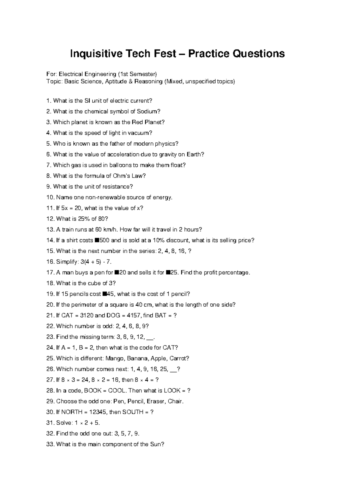 Inquisitive Tech Fest Practice Questions: EE 1st Sem - Basic Science ...