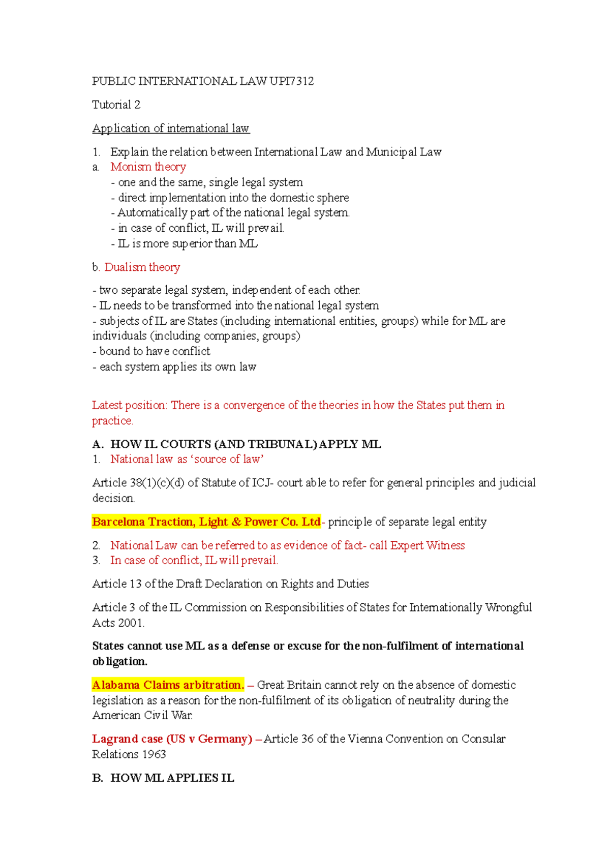 PIL TUT 2 - Public International Law Tutorial 2 Q&A on IL & ML ...