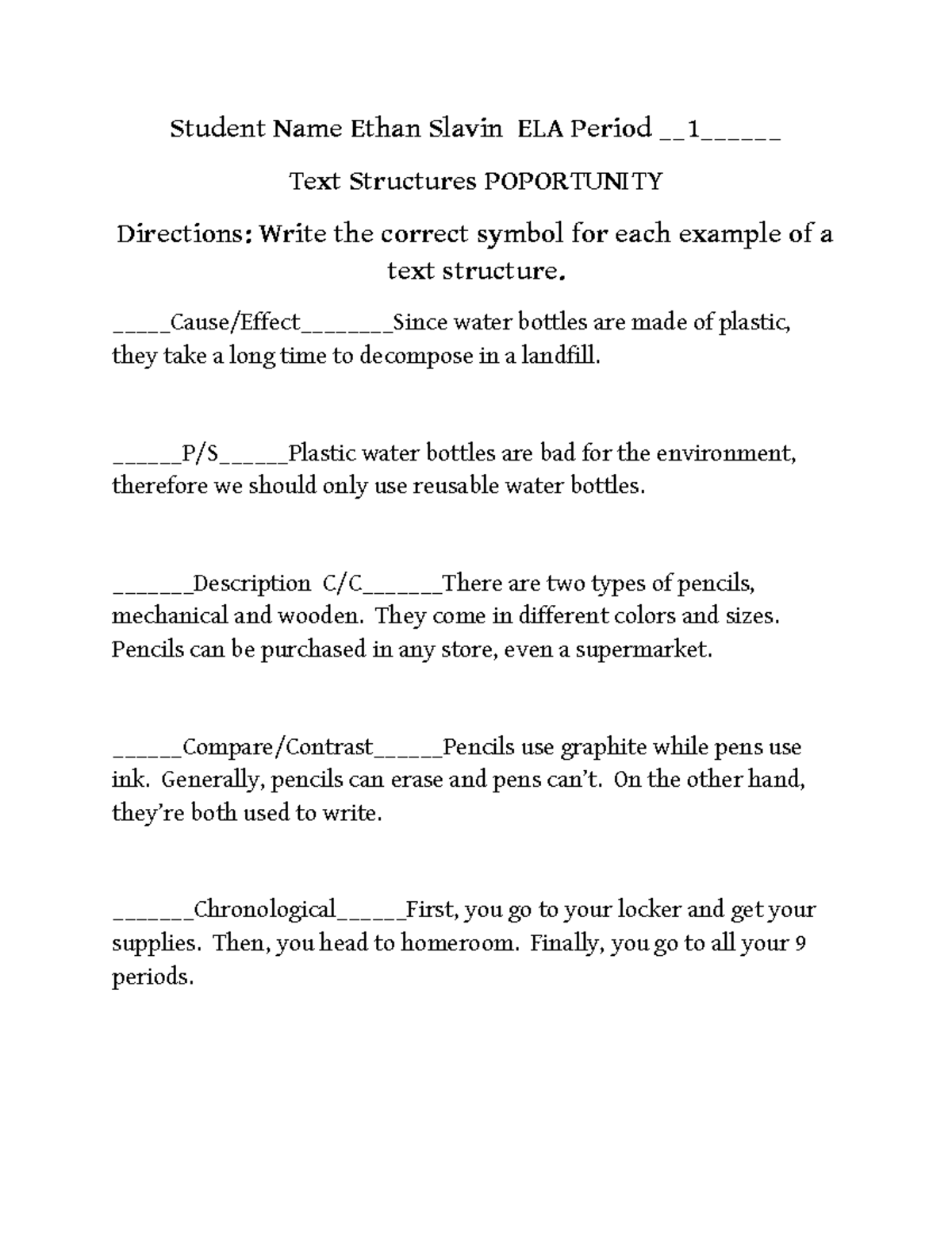Text Structures Practice Exercise for ELA Period 1 - Studocu