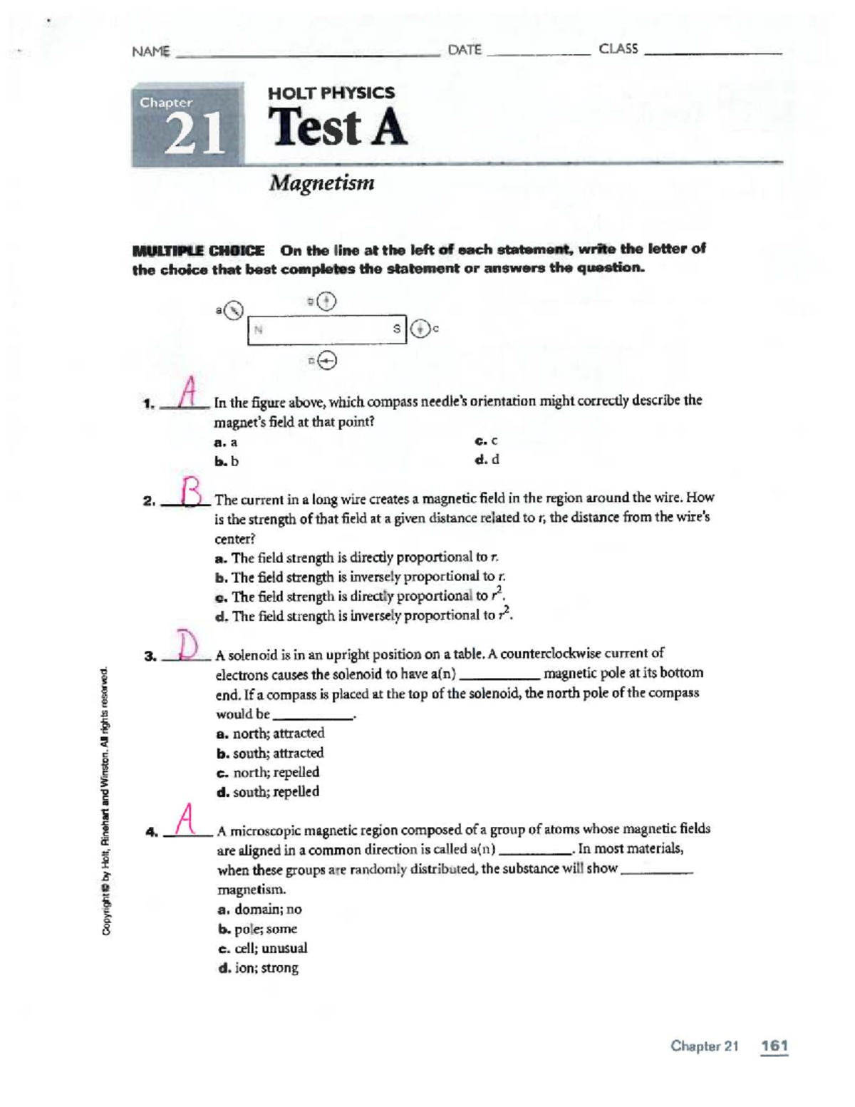 HOLT PHYSICS Test A: Magnetism and Induction Questions - Studocu