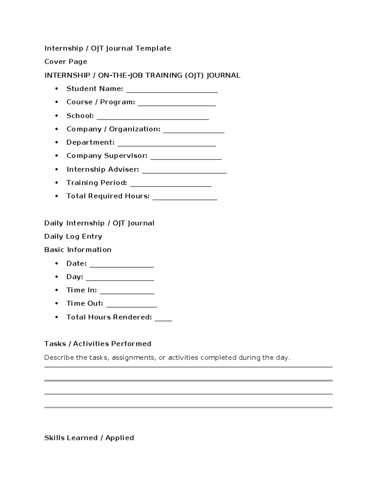 Internship OJT Journal Template - Daily Log & Reflection - Studocu