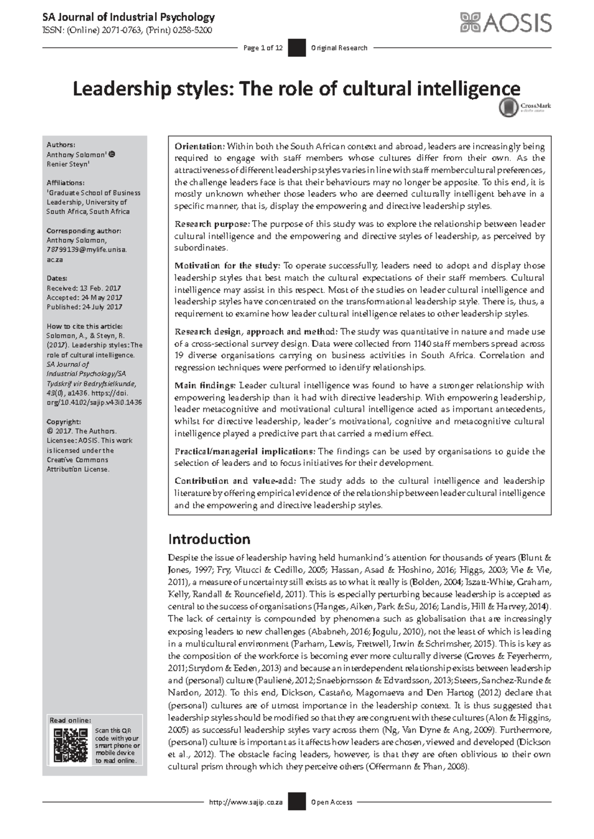 Leadership Styles and Cultural Intelligence: Insights from South Africa ...
