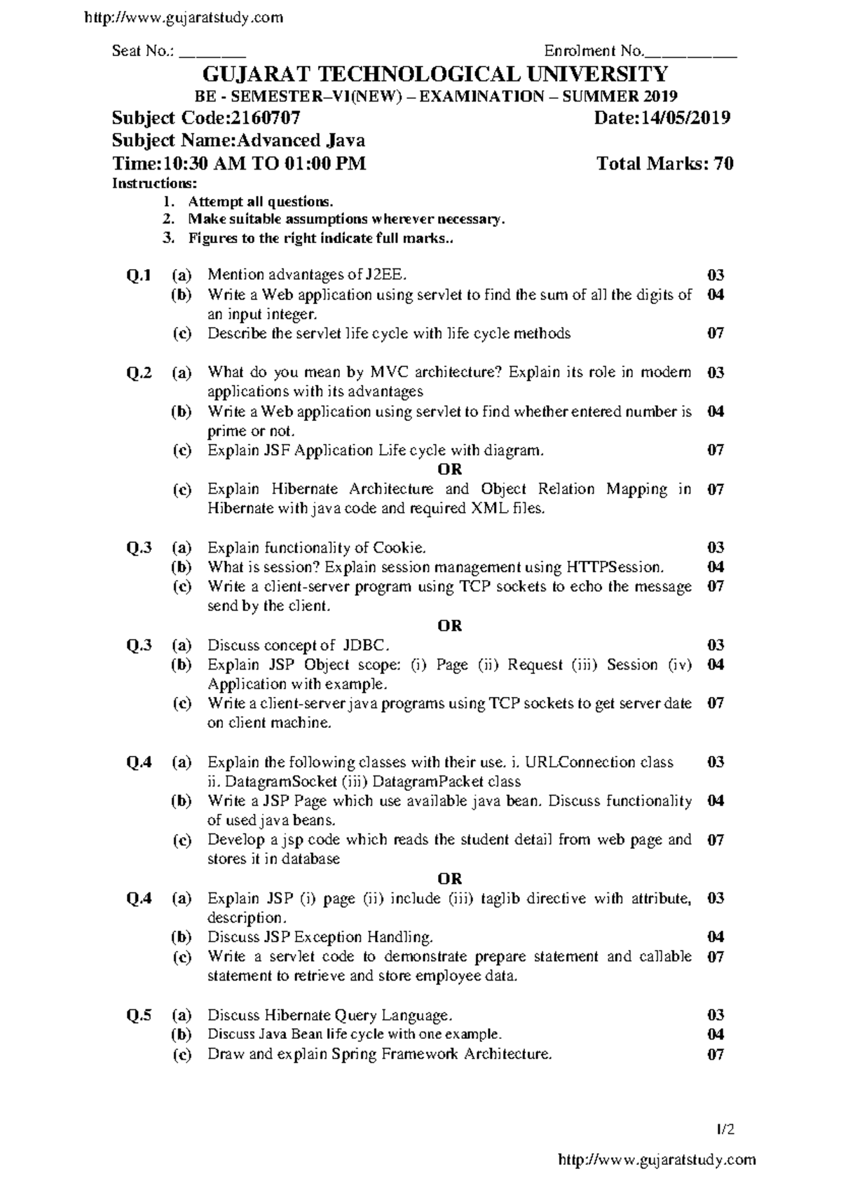 S2019-2160707-APY Advanced Java Exam Paper with Questions and Marks ...
