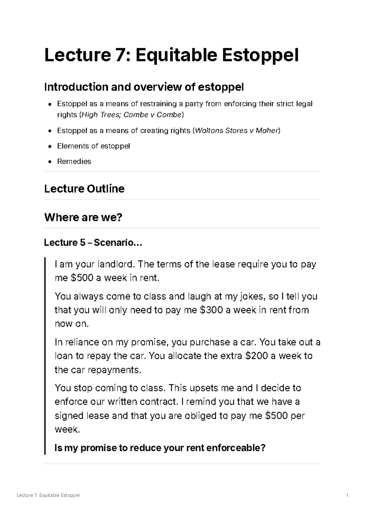 Lecture 7: Equitable Estoppel - Key Concepts and Case Analysis - Studocu