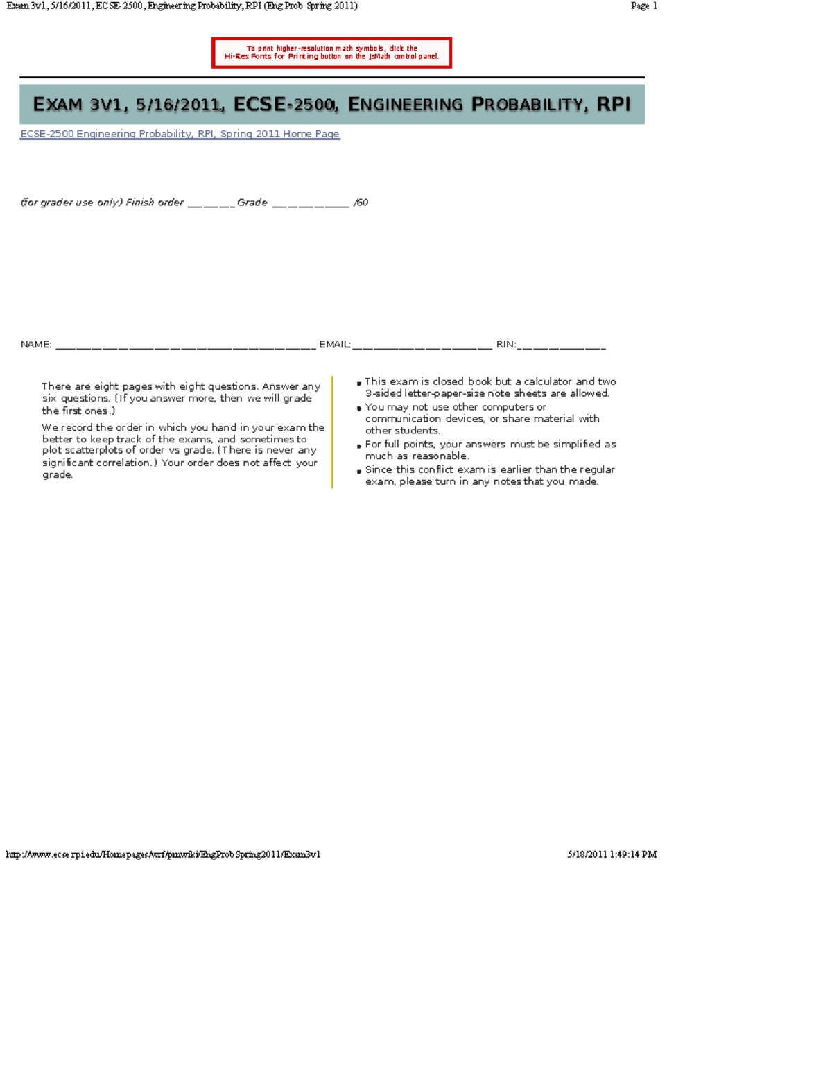 ECSE 2500 Engineering Probability - Exam 3A Back Exam Notes - Studocu