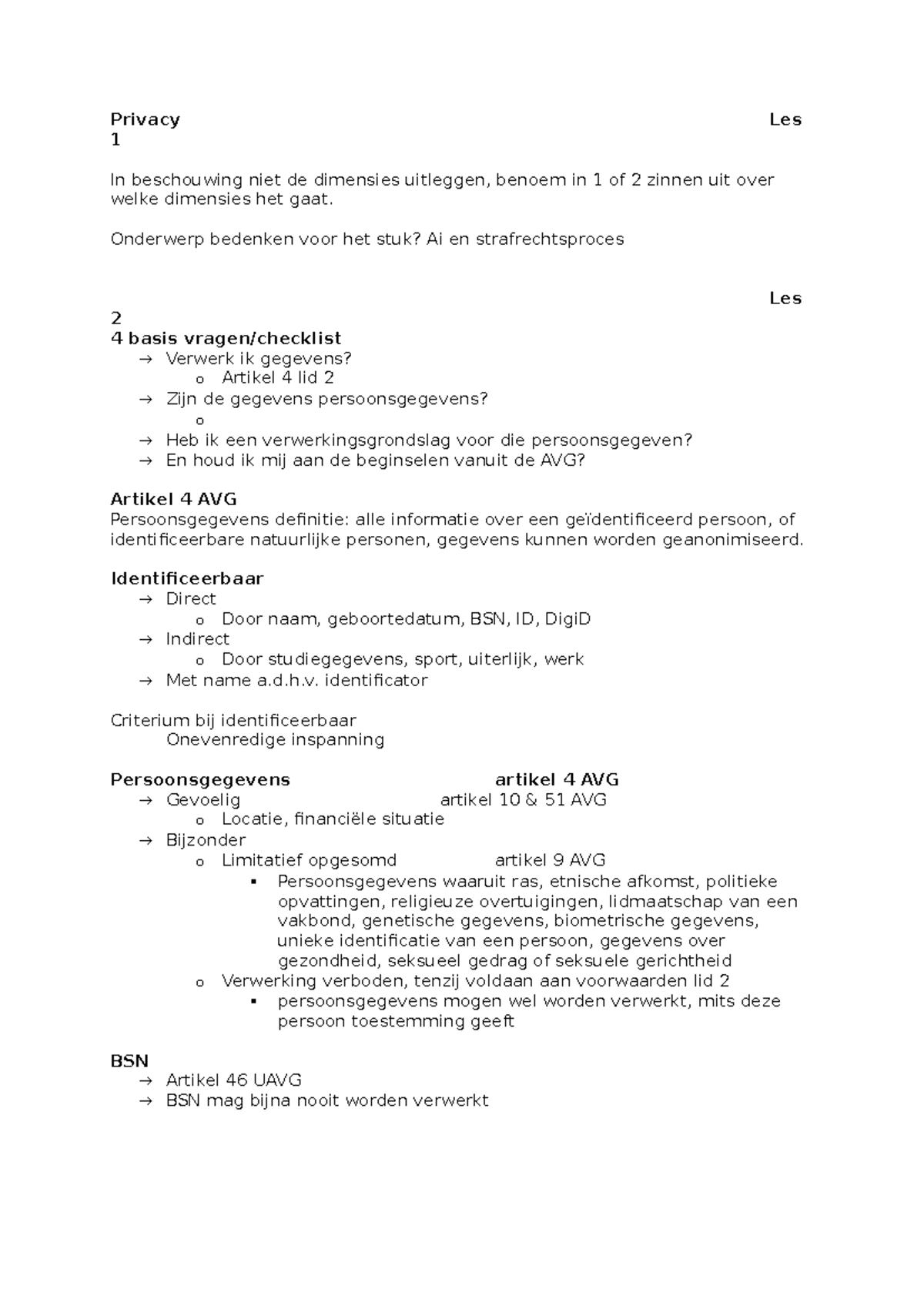Privacy Les 1 - Dimensies en Gegevensverwerking in de AVG - Studeersnel