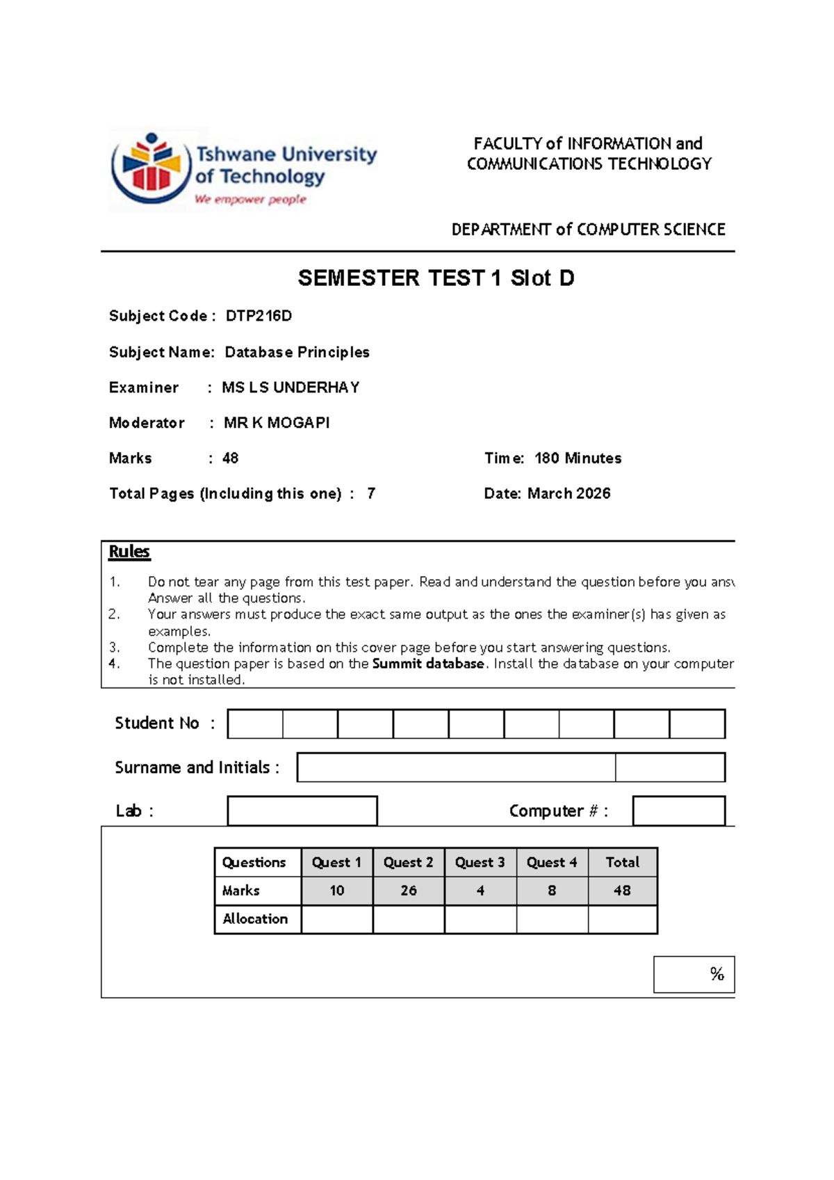 DTP216D Semester Test 1: Database Principles Exam Guide - Studocu