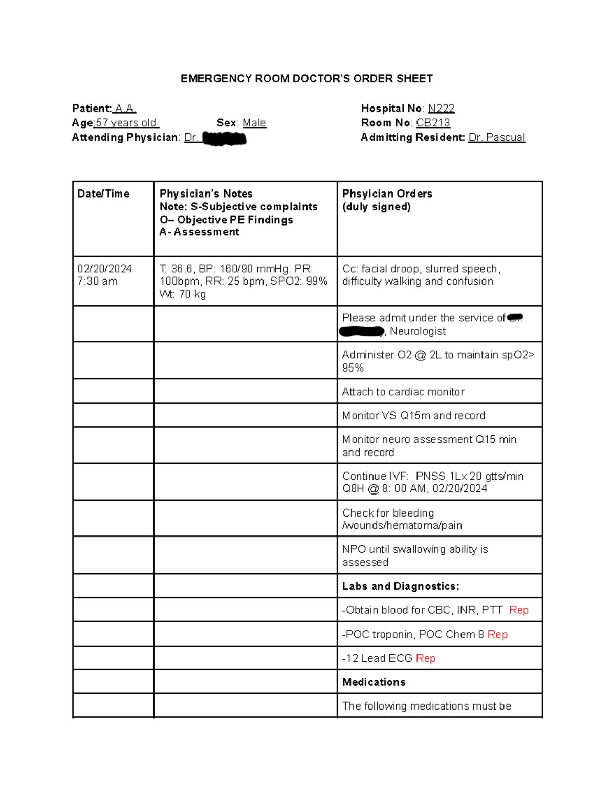 FDAR - Emergency Room Doctor's Order Sheet for Patient A. - Studocu