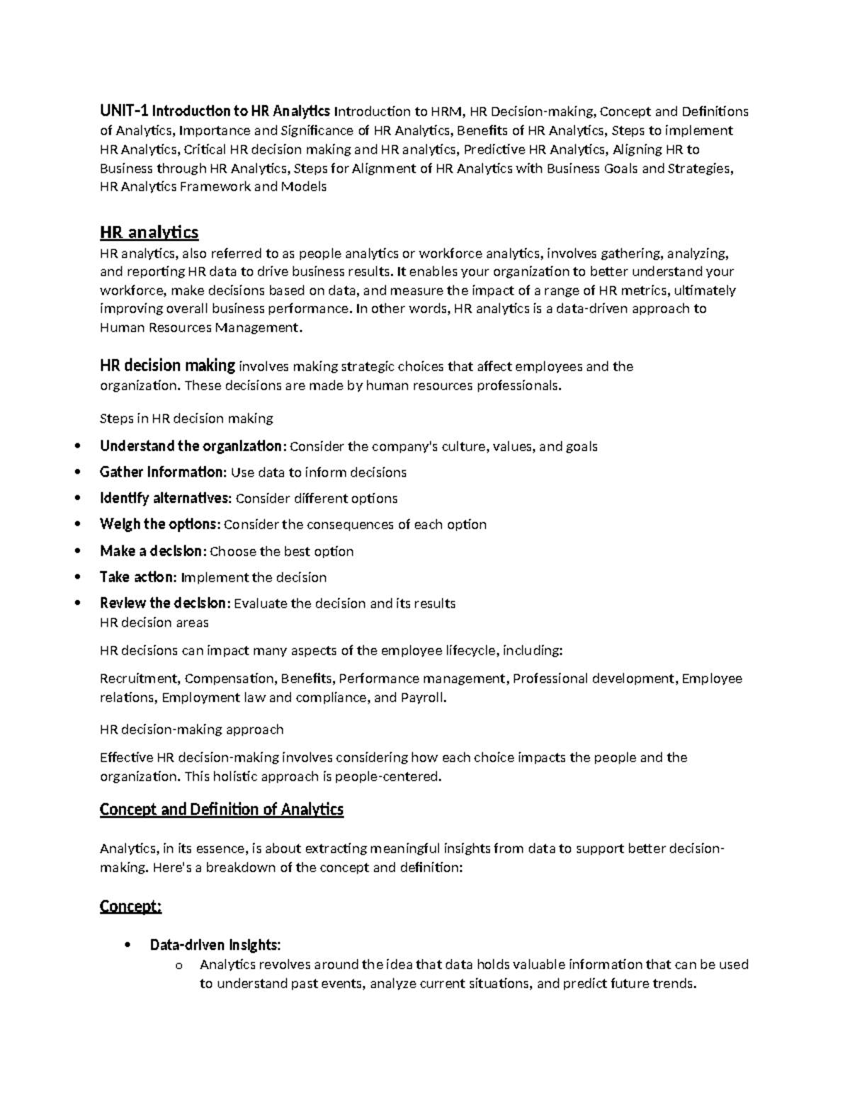 HRM 101: Comprehensive Notes on HR Analytics and Decision-Making - Studocu