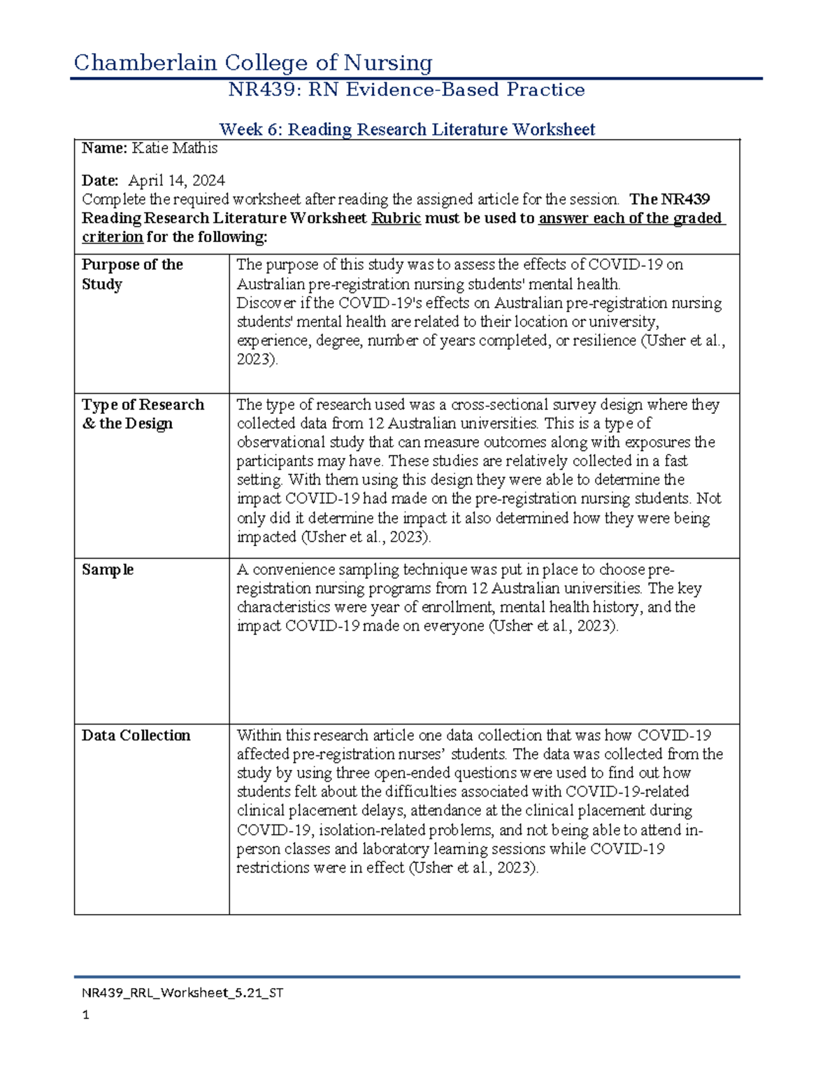 NR439 W6 RRL Worksheet 52021 ST - Chamberlain College of Nursing NR439 ...