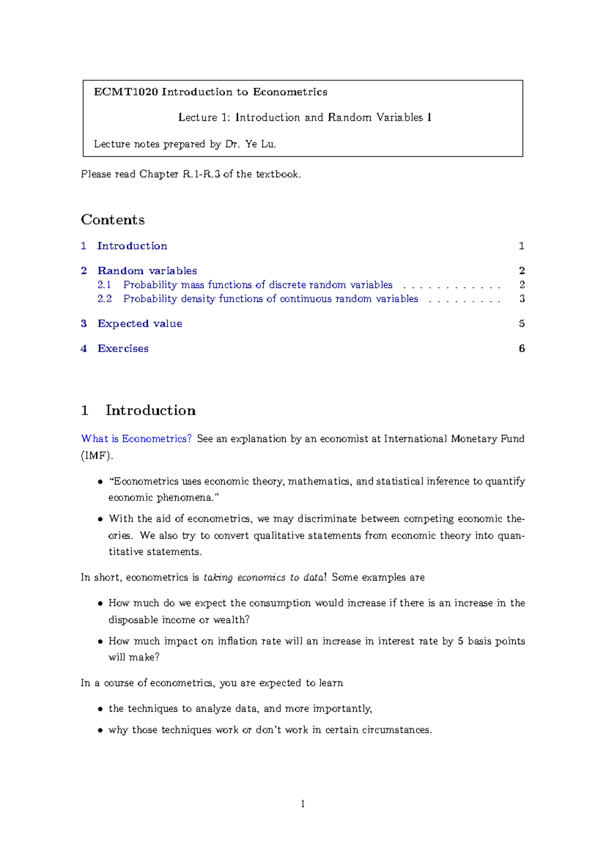 ECMT1020 Lecture 1: Intro to Econometrics & Random Variables - Studocu