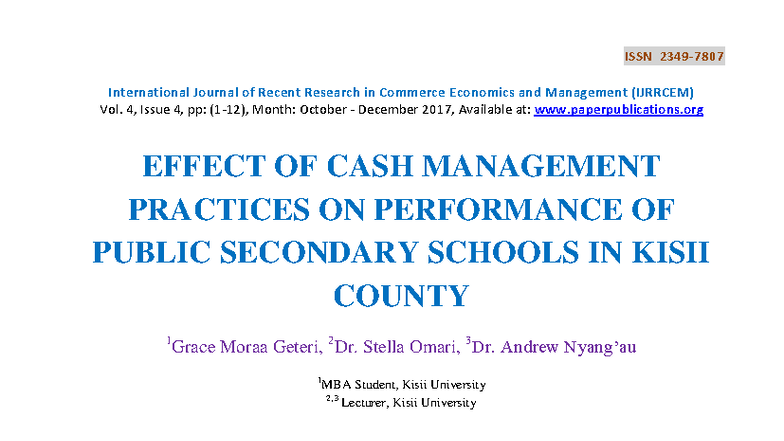 Effect of Cash Management Practices on Performance of Public Secondary ...