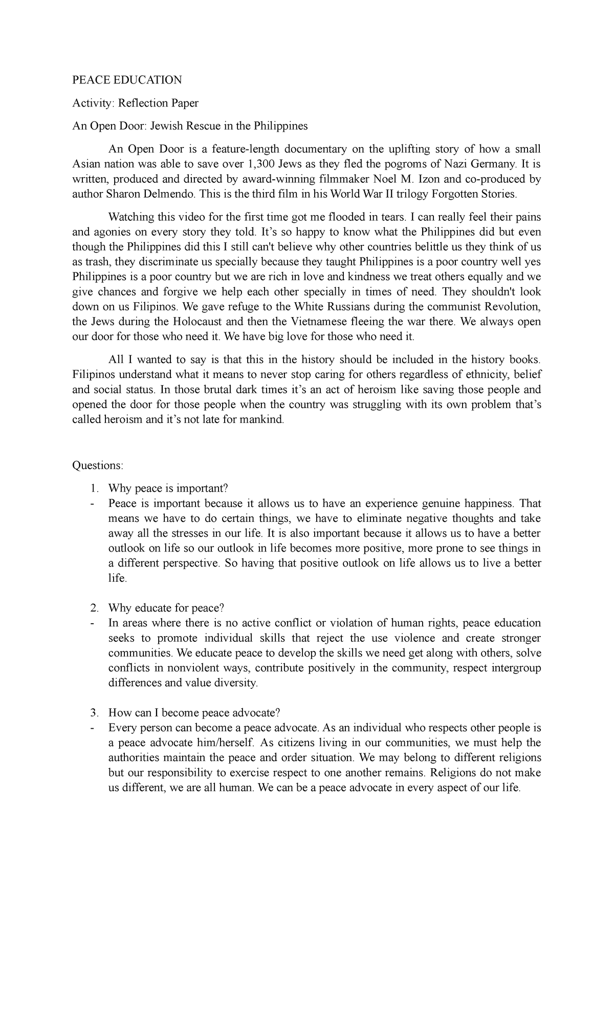 Reflection Paper on Peace Education: An Open Door in History - Studocu