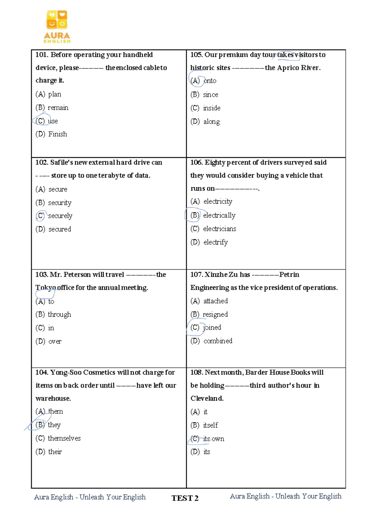 Aura English Unleash Your English TEST 2 - Practice Questions - Studocu
