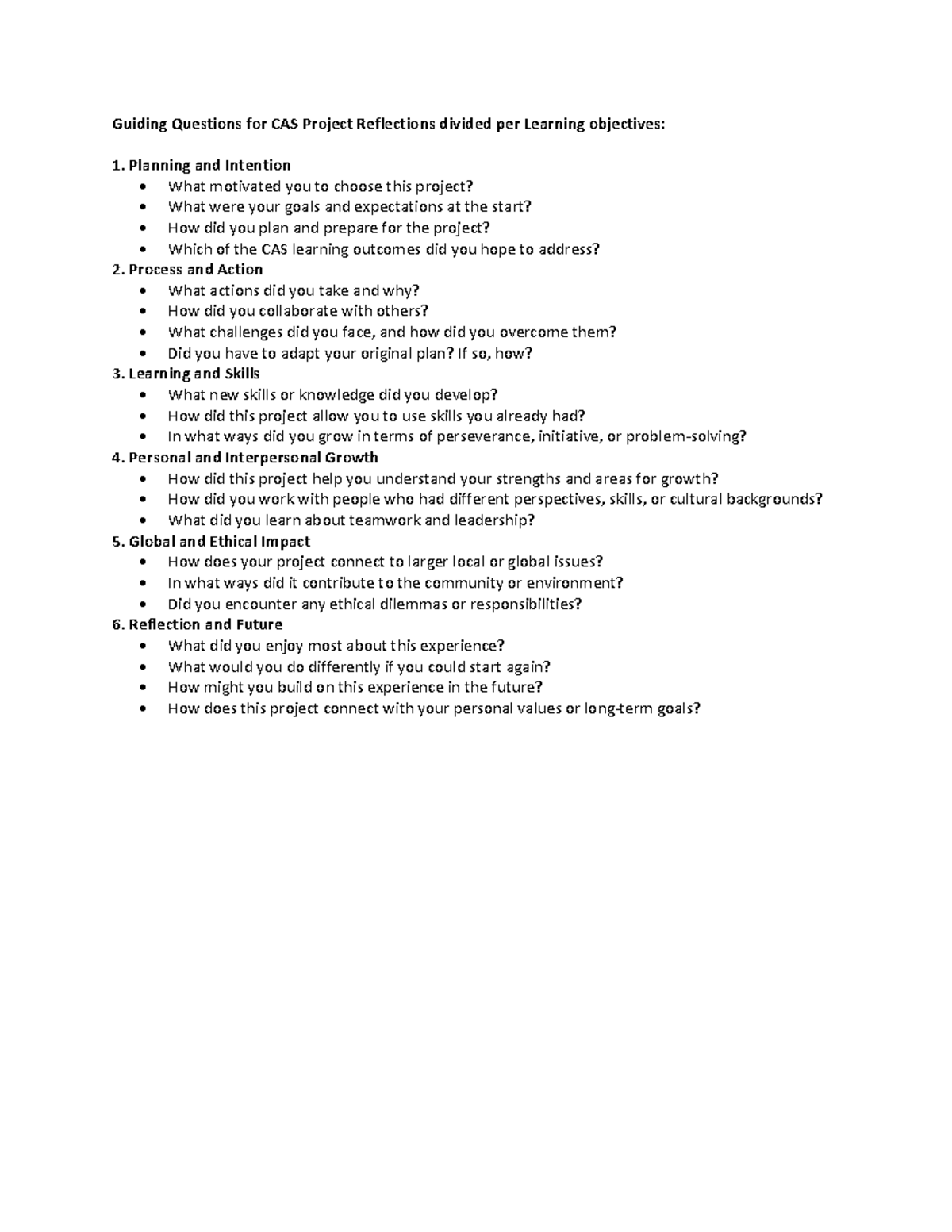 CAS Project Reflection Guided Questions: Learning Objectives - Studocu