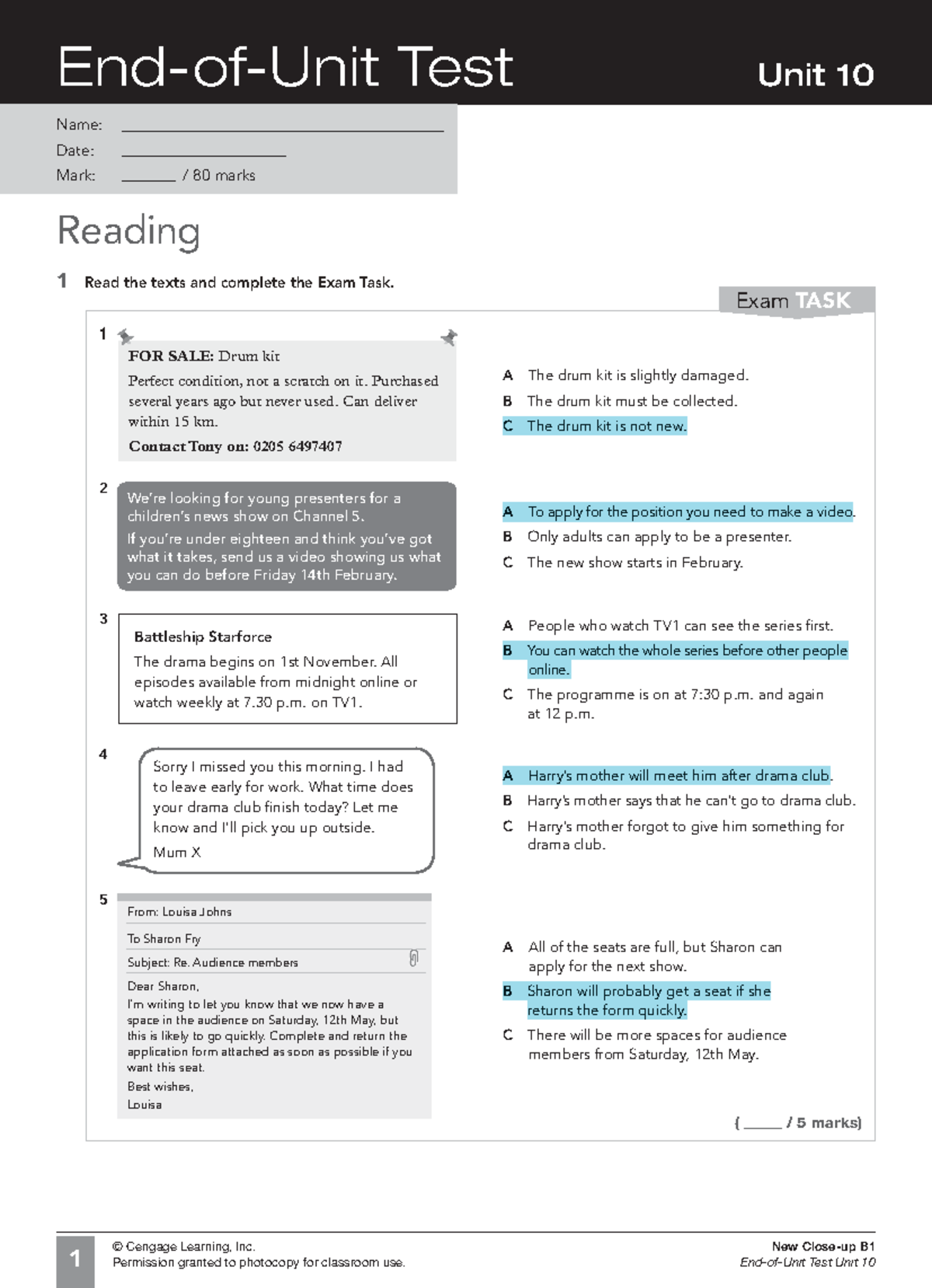 B1 End-of-Unit Test: Unit 10 Exam Tasks and Activities - Studocu