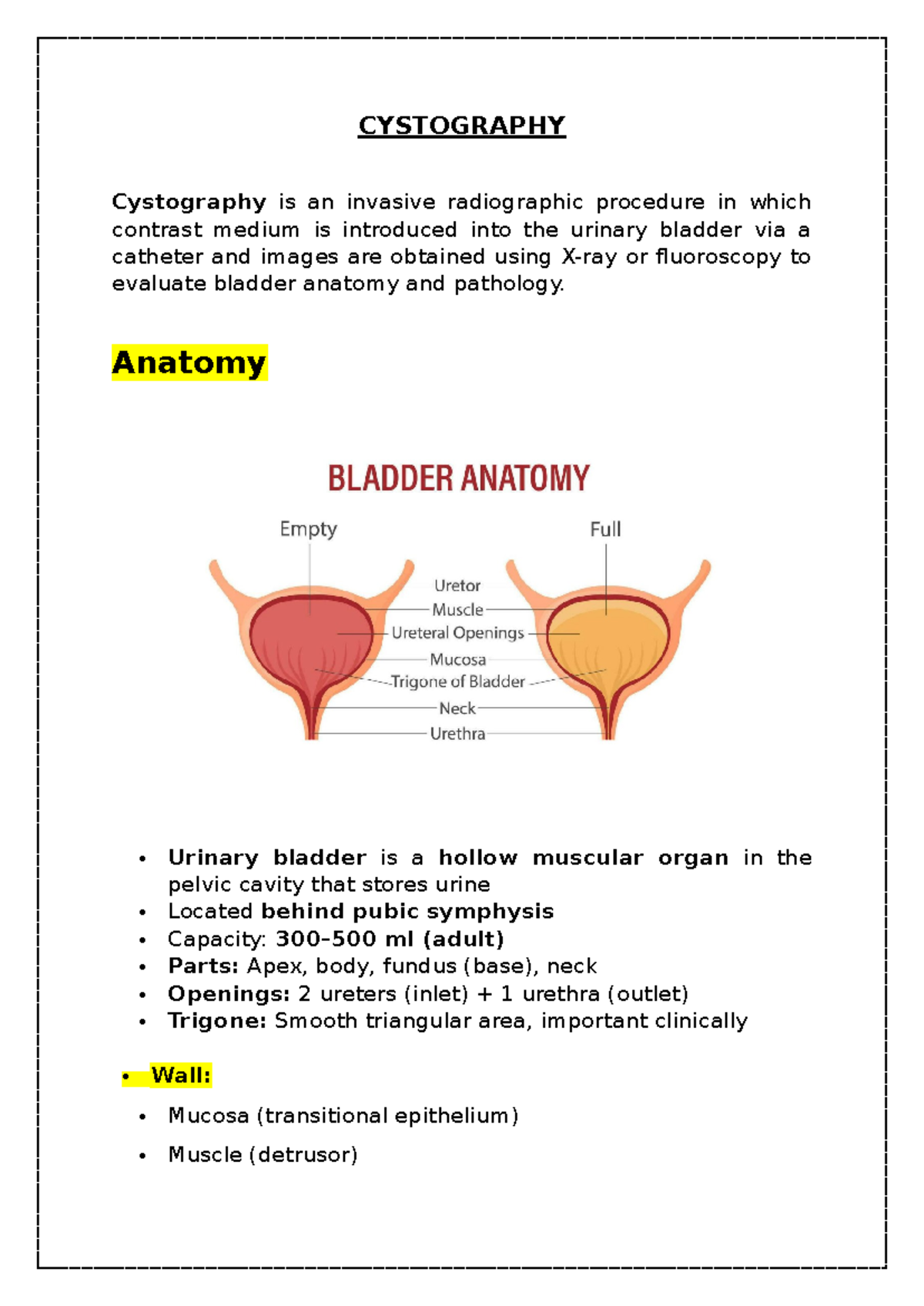 CYST 101: Cystography Procedure and Patient Care Guide - Studocu
