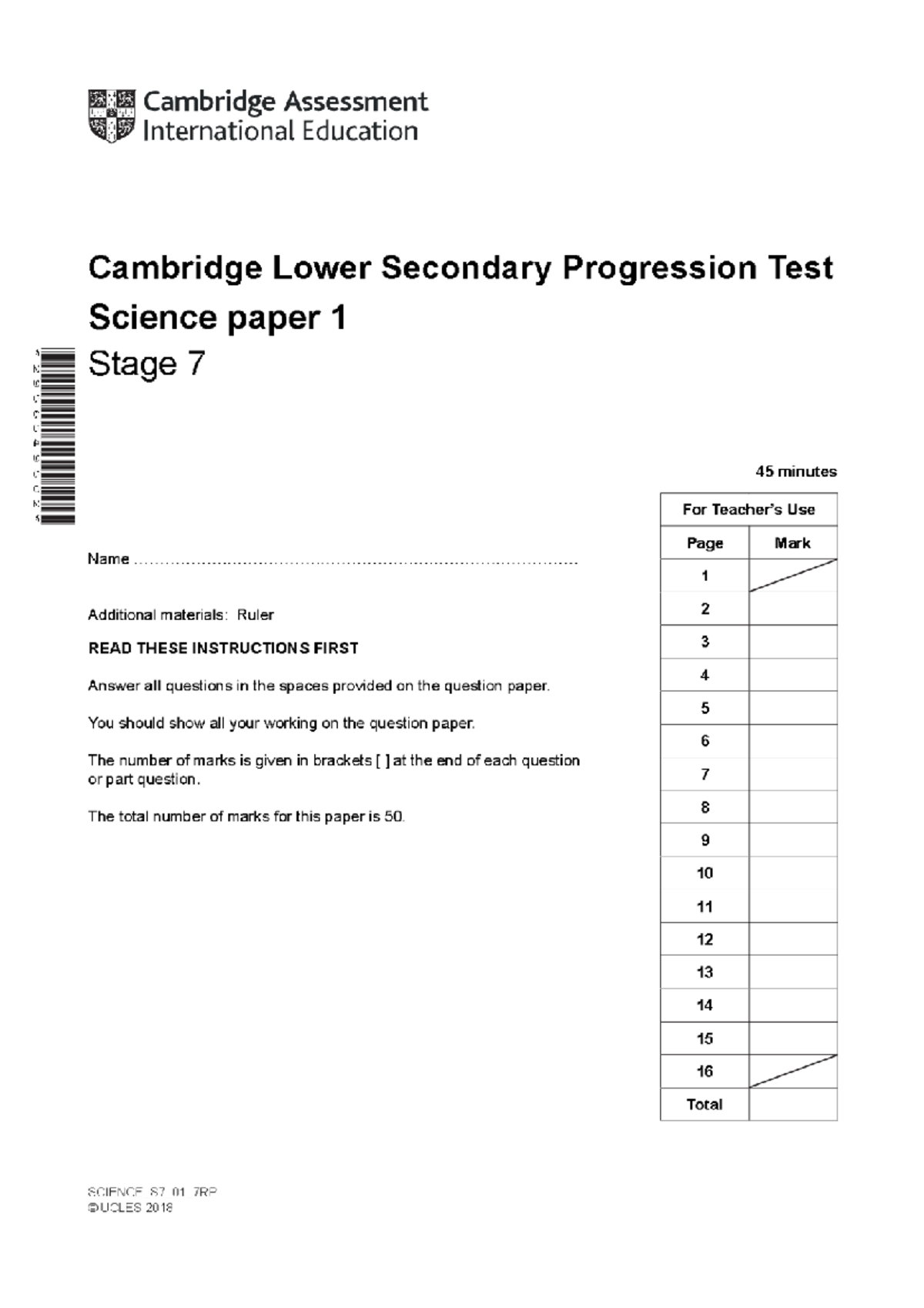 Science Stage 7 Sample Paper 1 (2018) - Cambridge Assessment - Studocu