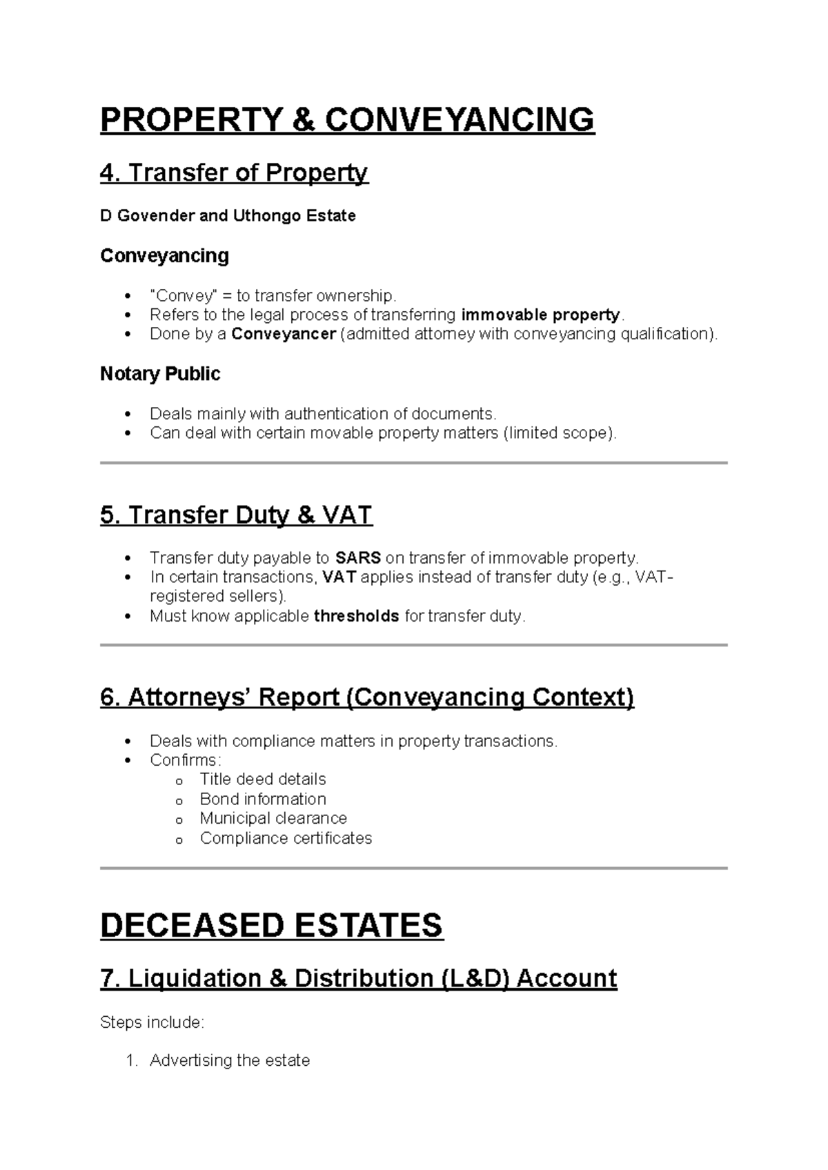 PROPERTY CONVEYANCING 4: Transfer of Ownership & Deceased Estates Notes ...