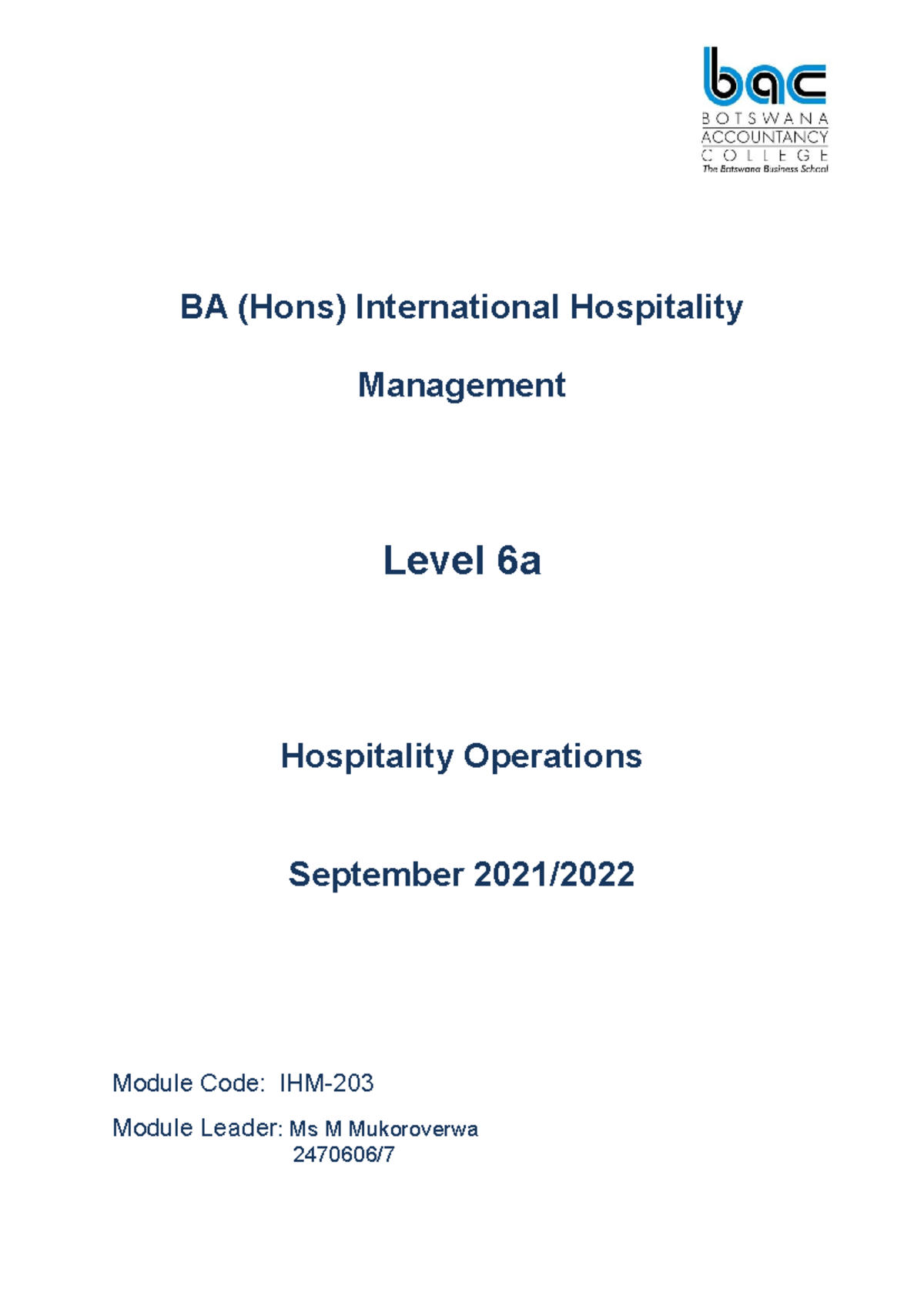 IHM- Hospitality Operations Module Handbook 2021-2022 - Studocu