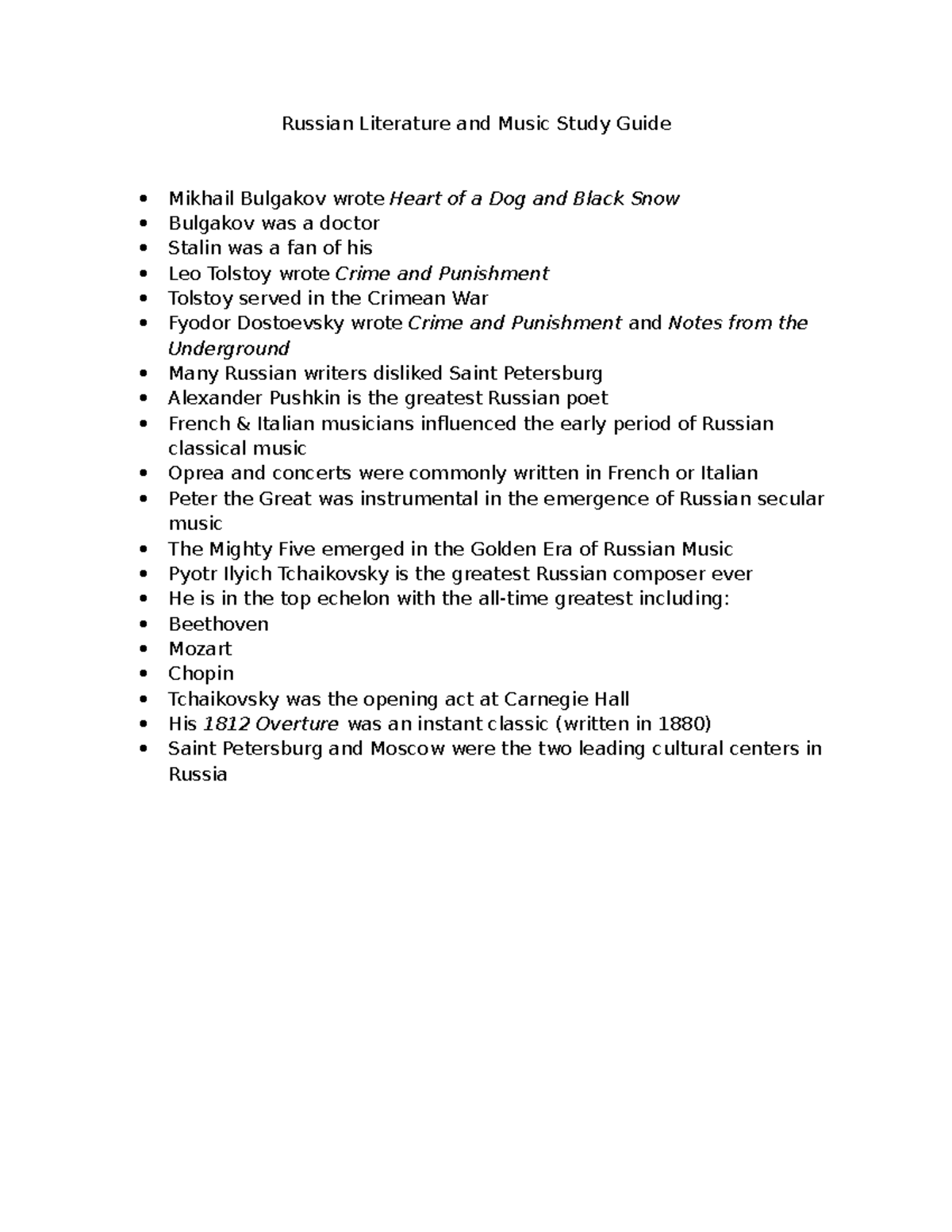 Russian Literature and Music Study Guide: Key Figures and Influences ...