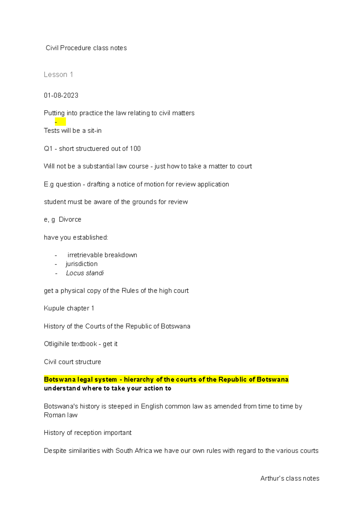 Civil Procedure Class Notes (CIVPRO 101) - Lessons 1 & 2 Insights - Studocu