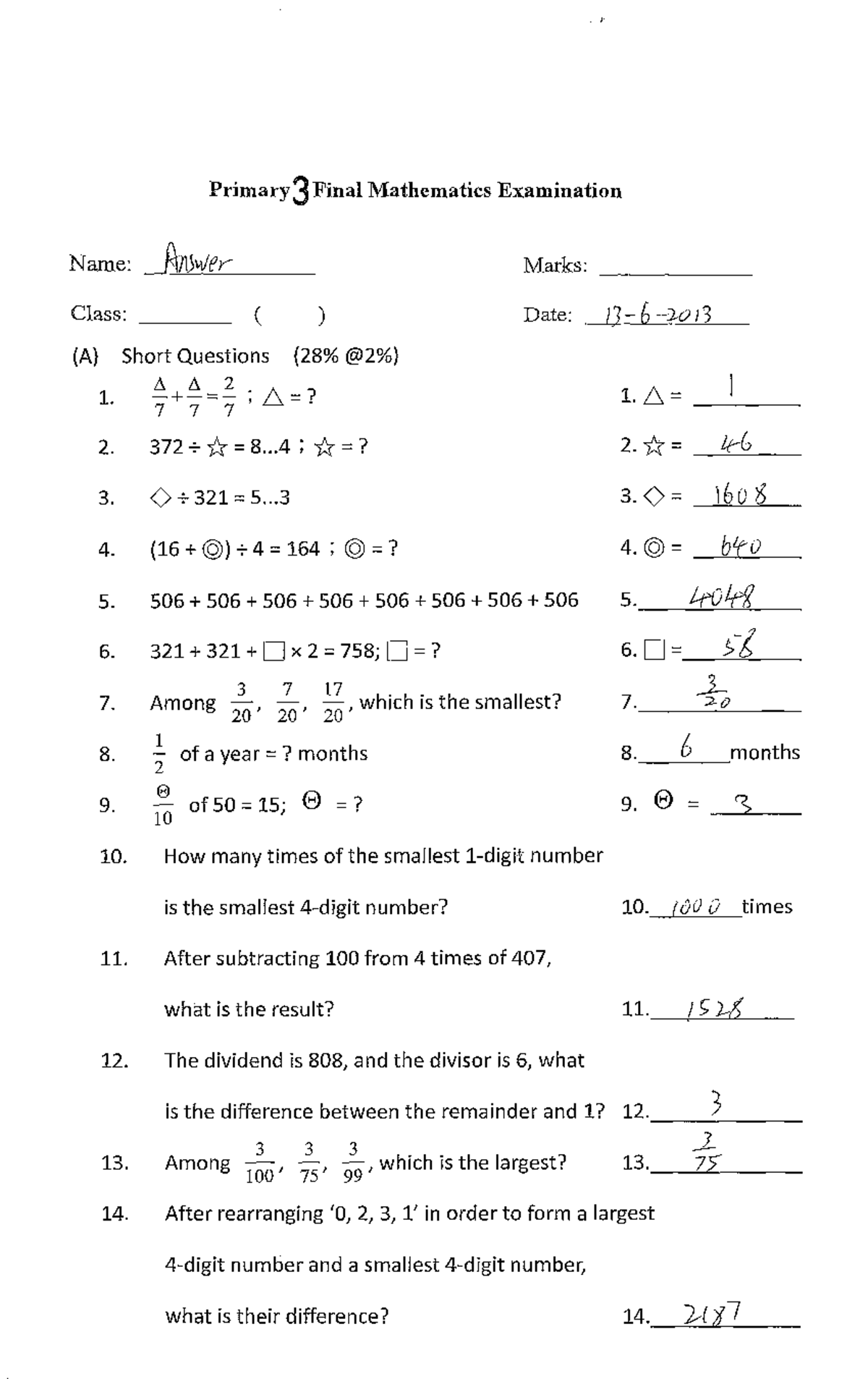 39A - Primary 3 Final Mathematics Exam Questions and Answers - Studocu