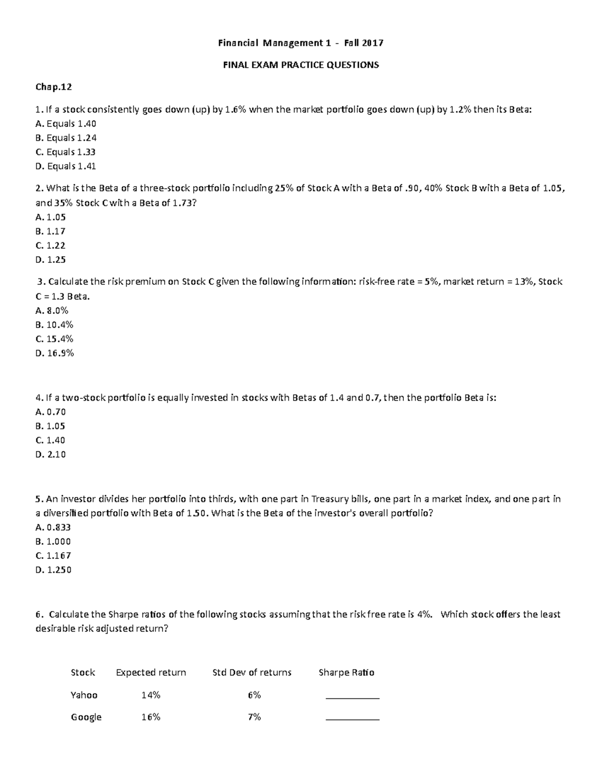 Final Exam Practice Questions & Solutions - FINANCIAL MANAGEMENT 1 ...