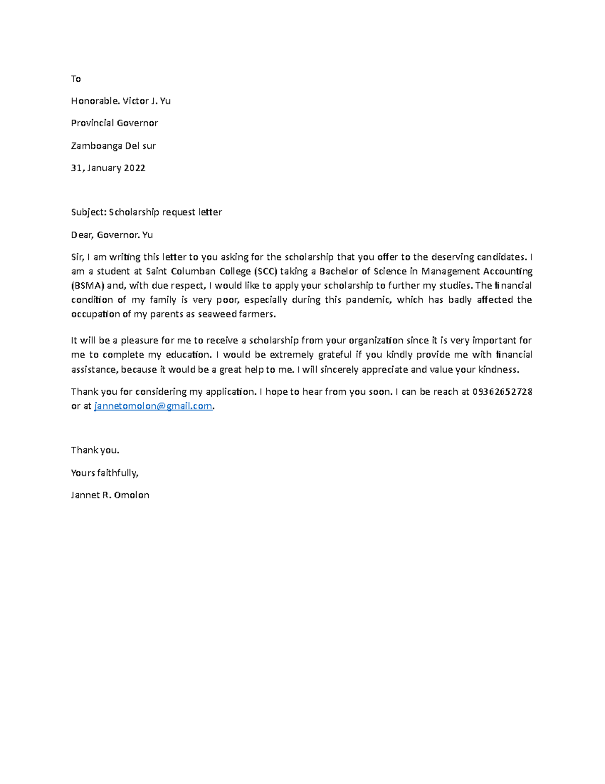 Request Letter for Scholarship Application - BSMA Program - Studocu