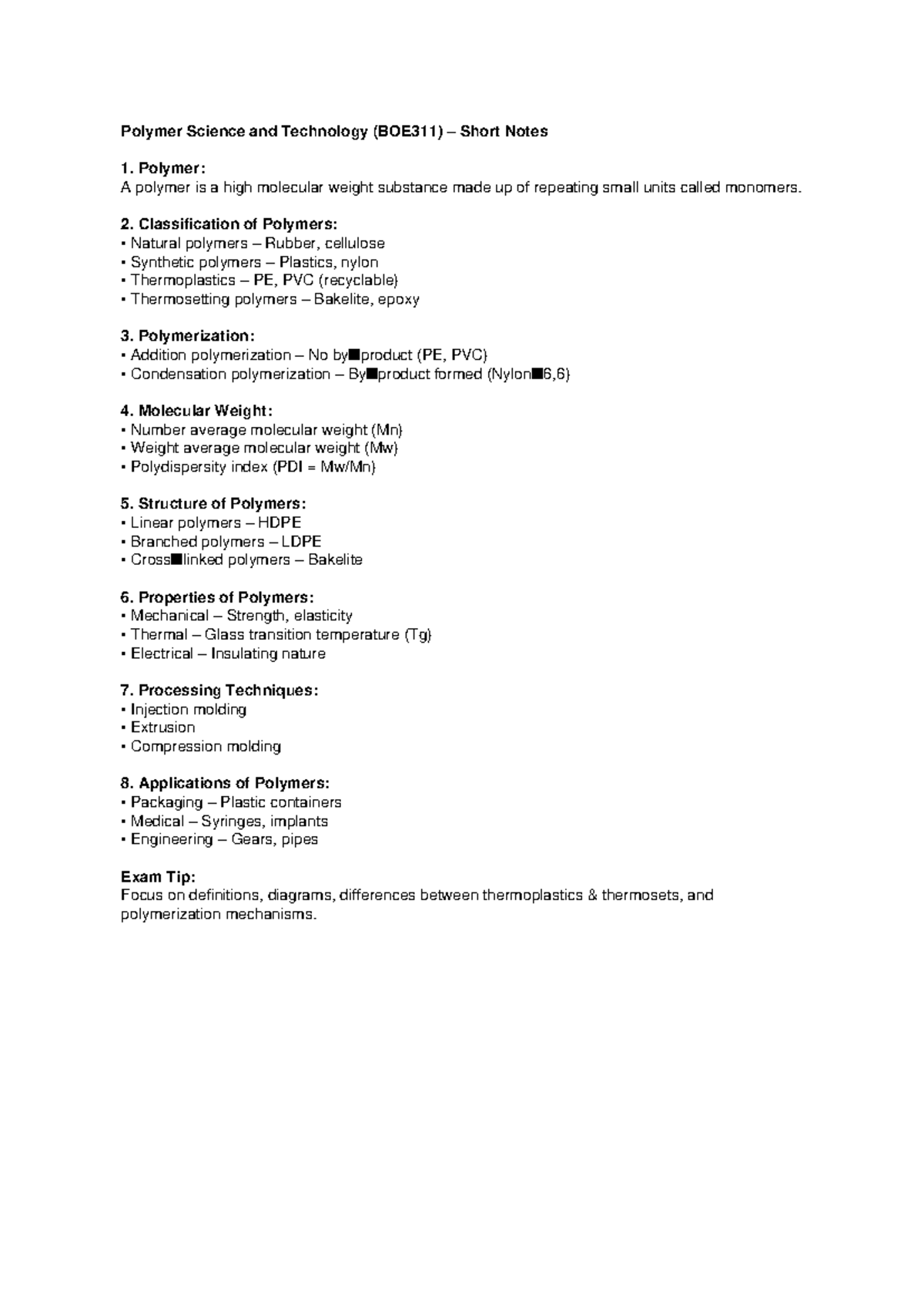 BOE311 Polymer Science and Technology: Key Concepts and Notes - Studocu
