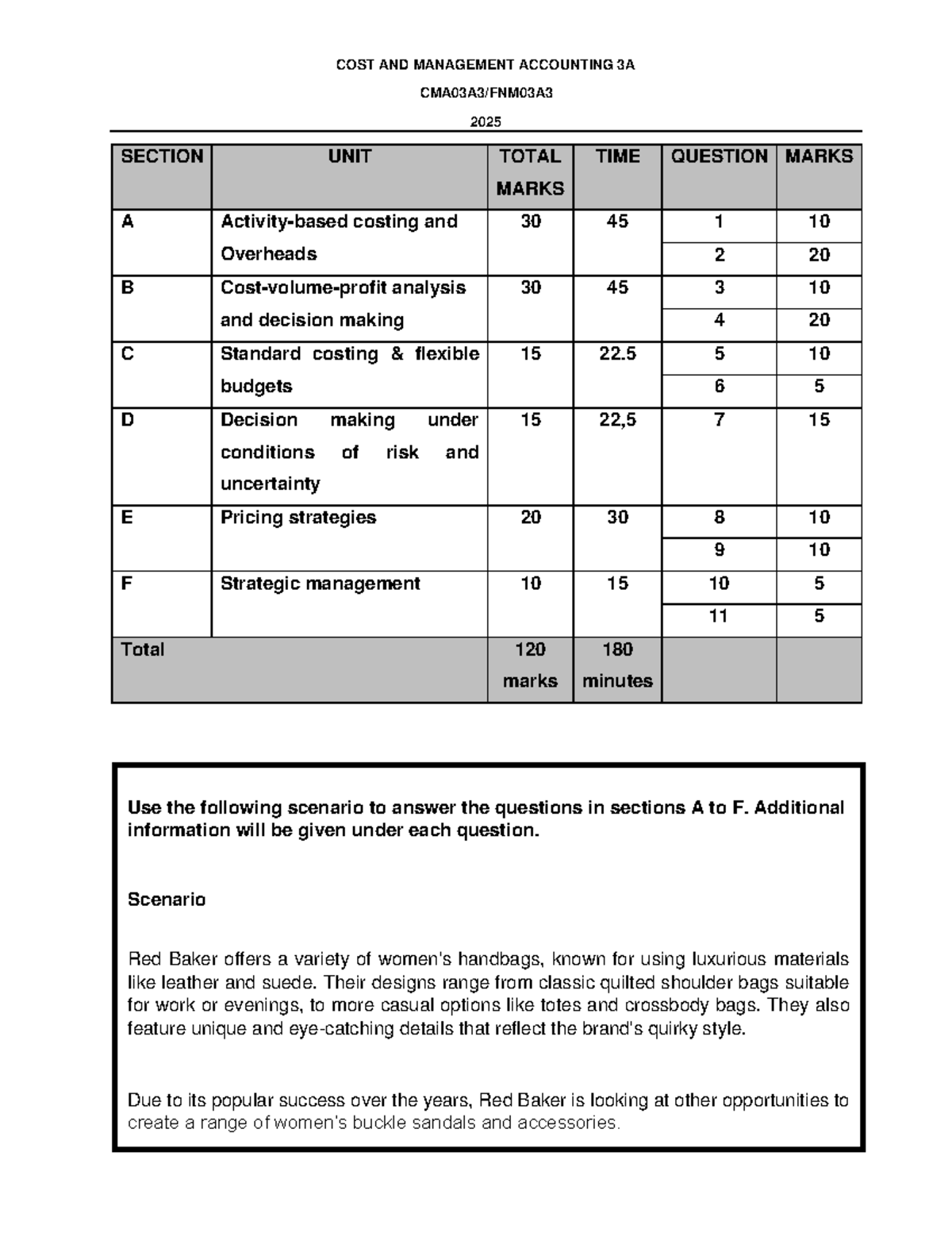 CMA3A 2025 Final Exam Paper: Cost & Management Accounting - Studocu