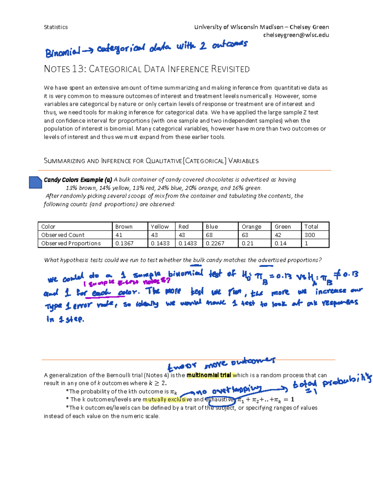 Notes 13 Categ S - chelseygreen@wisc N OTES 13 : C ATEGORICAL D ATA I ...