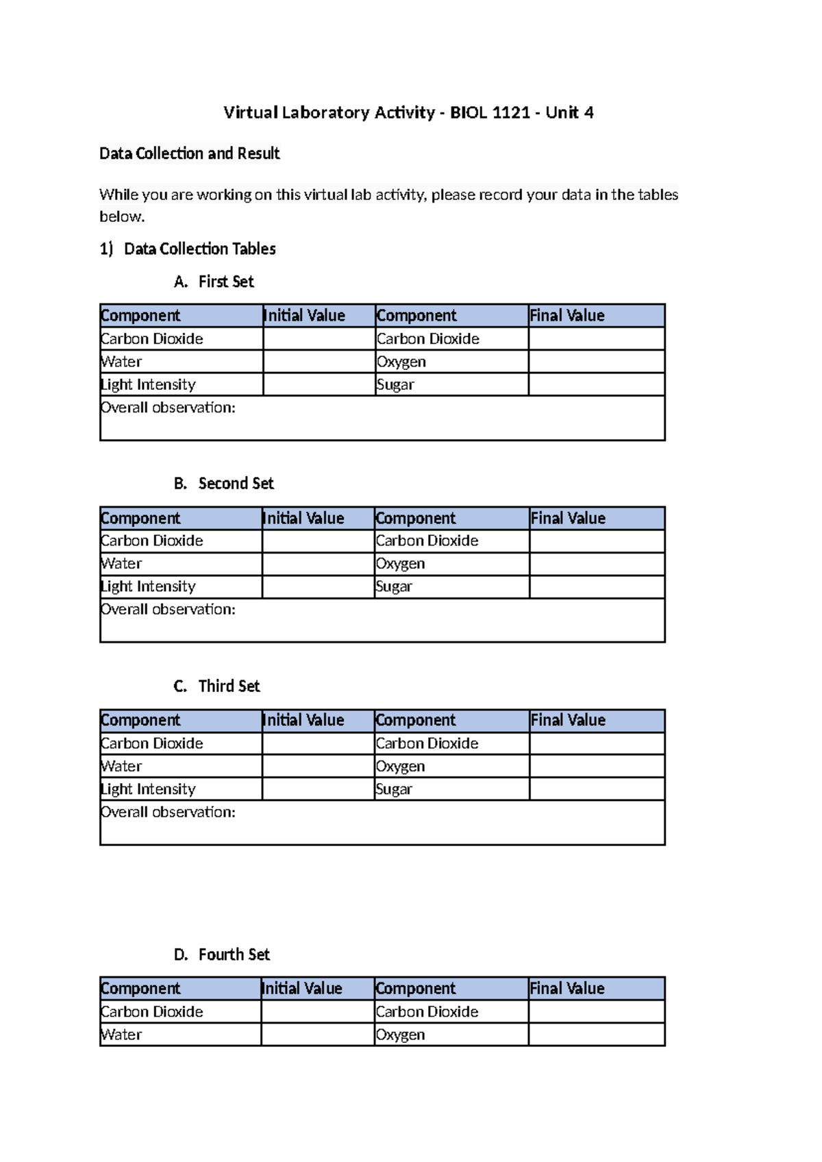 BIOL 1121 - Experiment 3: Data Collection & Results for Unit 4 - Studocu