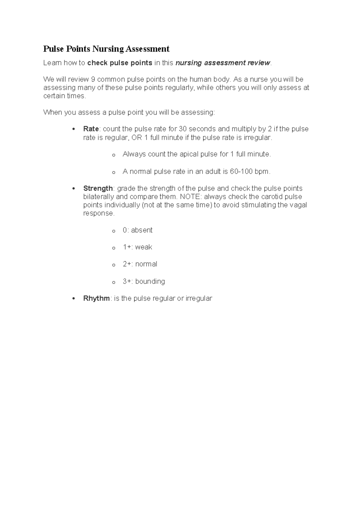 NUR602 Pulse Assessment: Key Points for Nursing Practice Review - Studocu