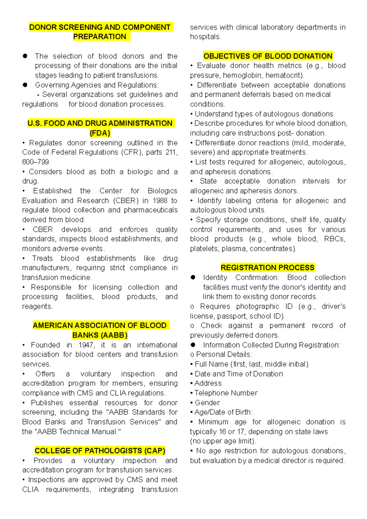 Donor Screening - Notes - DONOR SCREENING AND COMPONENT PREPARATION The ...