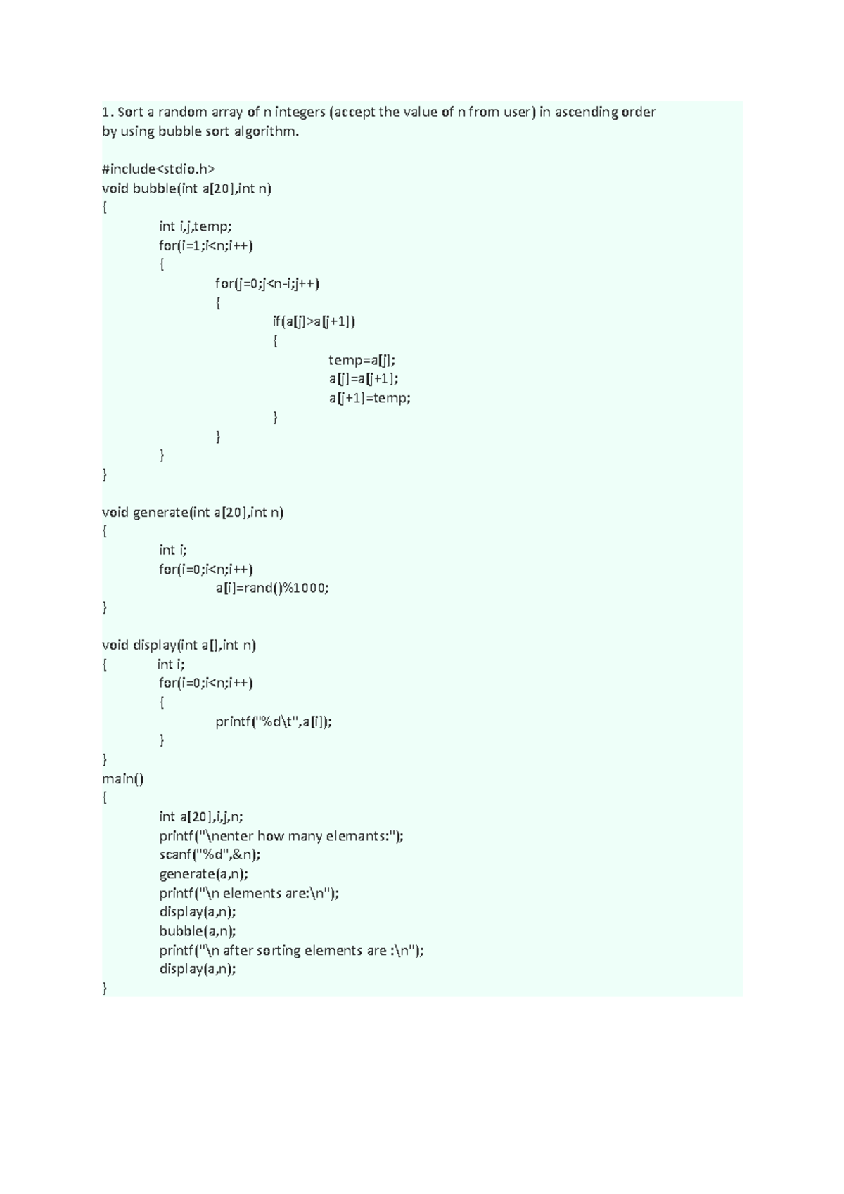 DS Program - Sort a random array of n integers (accept the value of n ...