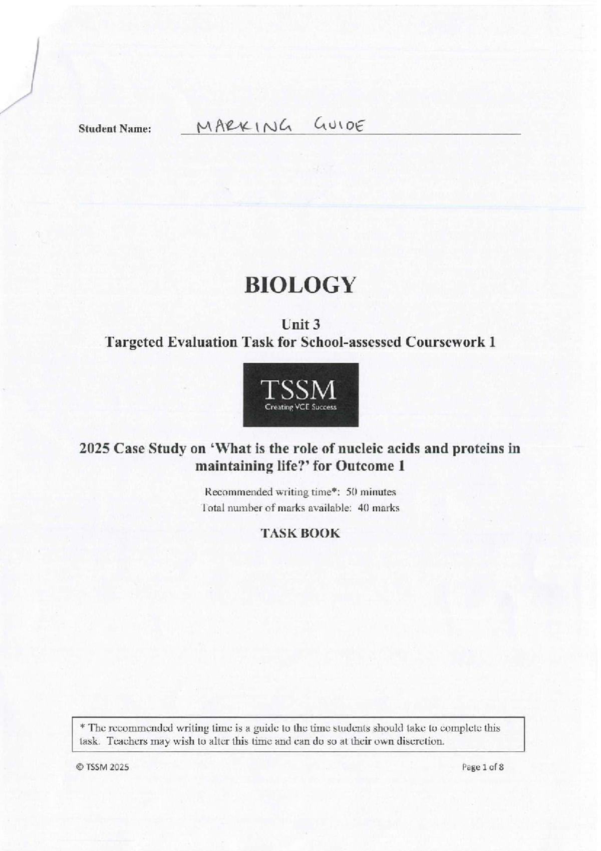 TSSM 2025 Case Study: Role of Nucleic Acids & Proteins in Life - Studocu