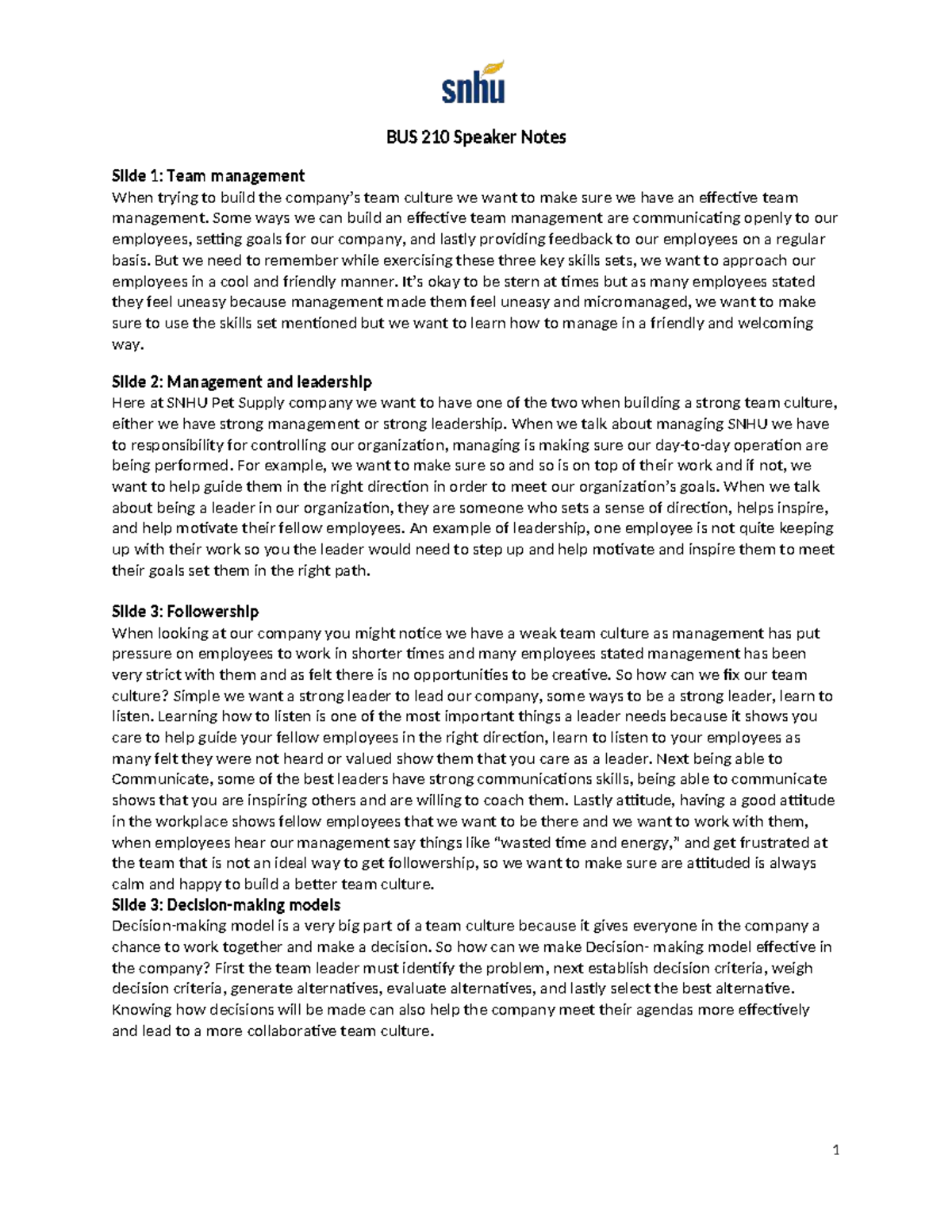 BUS 210 Effective Team Management: Speaker Notes Overview - Studocu