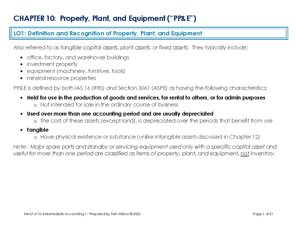 Chapter 10 Lecture Notes (TA 2023) - PP&E Overview and Key Concepts ...