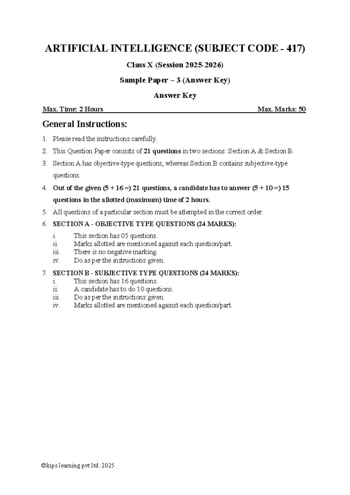 AI 417 Class X Sample Paper 3 Answer Key and Notes - Studocu