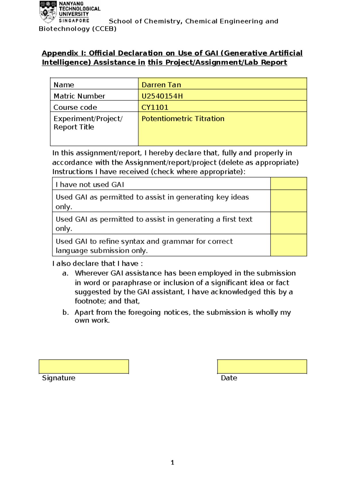 GAI Declaration for CY1101 Report: Potentiometric Titration 2023 - Studocu