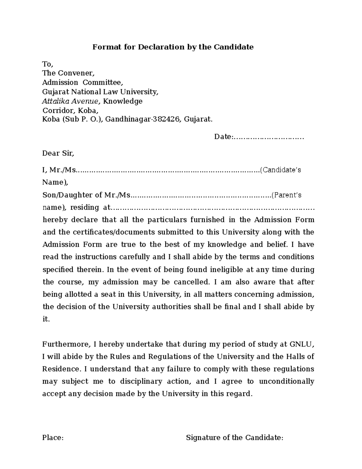 Declaration Format for Admission - GNLU - Studocu