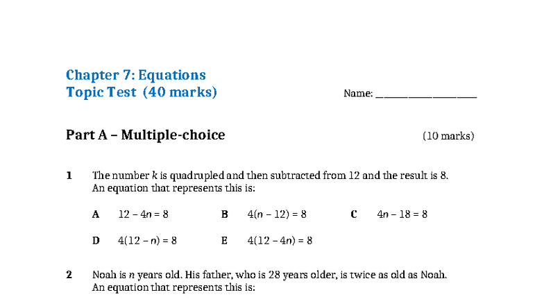 Chapter 7: Year 7 Maths Equations Test (40 Marks) - Studocu