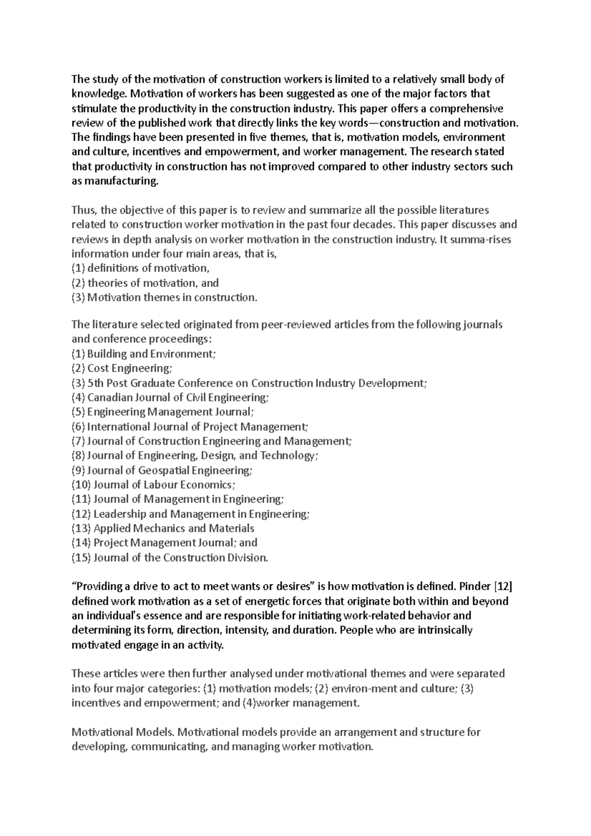 Motivation in Construction Workers: A Comprehensive Review of ...