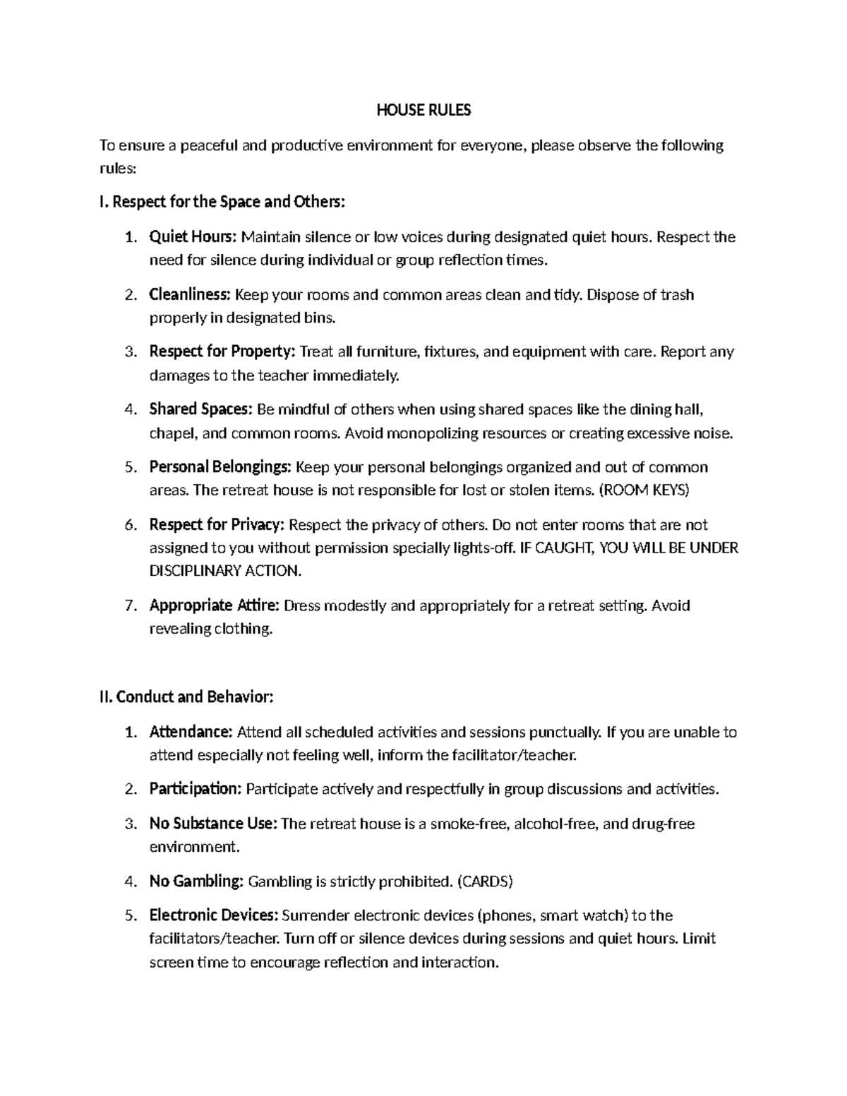 House Rules for In-House Retreat: Guidelines for Graduating Students ...