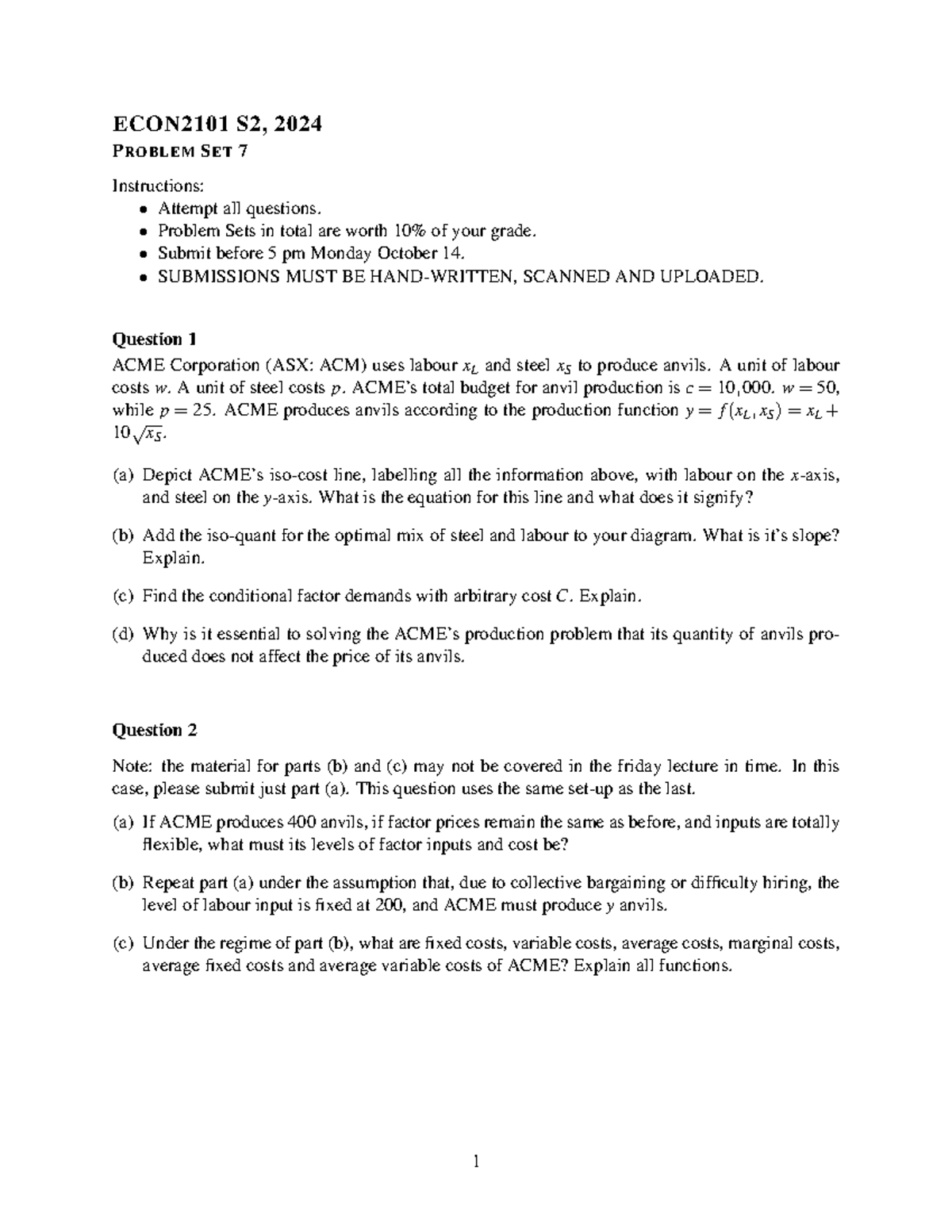 PS7 Questions for ECON2101 S2 2024: Production & Cost Analysis - Studocu