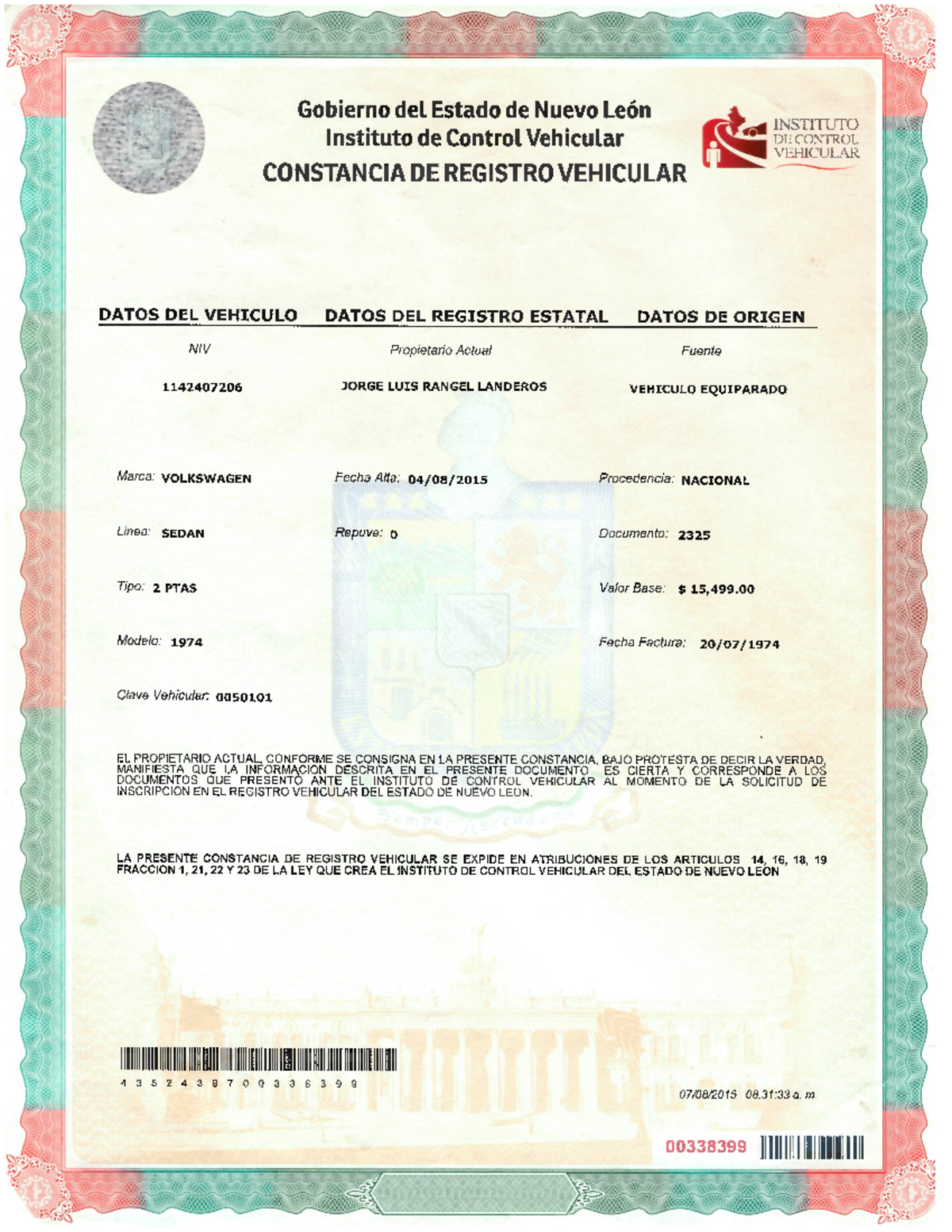 Constancia de Registro Vehicular - Vw74 - Documento Oficial - Studocu
