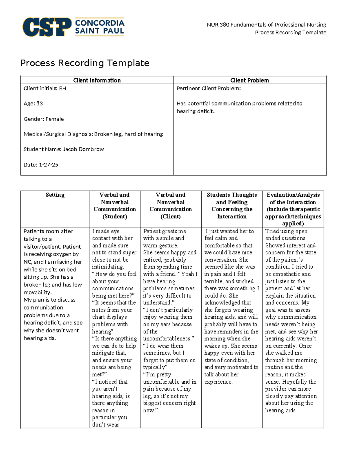 NUR 380 Process Recording - NUR 380 Fundamentals of Professional ...