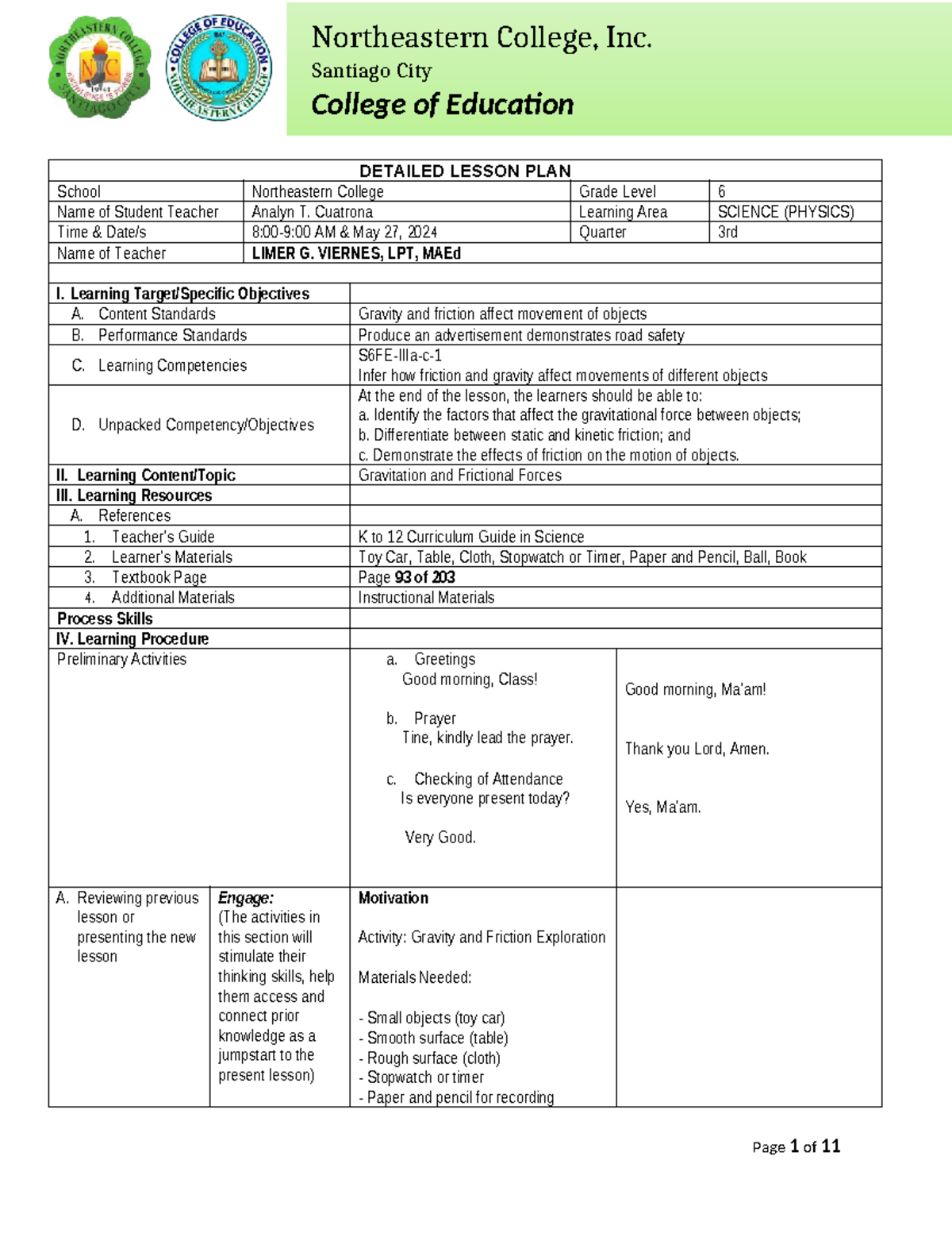 Detailed Lesson Plan on Gravity and Friction (SCI 6) - Studocu